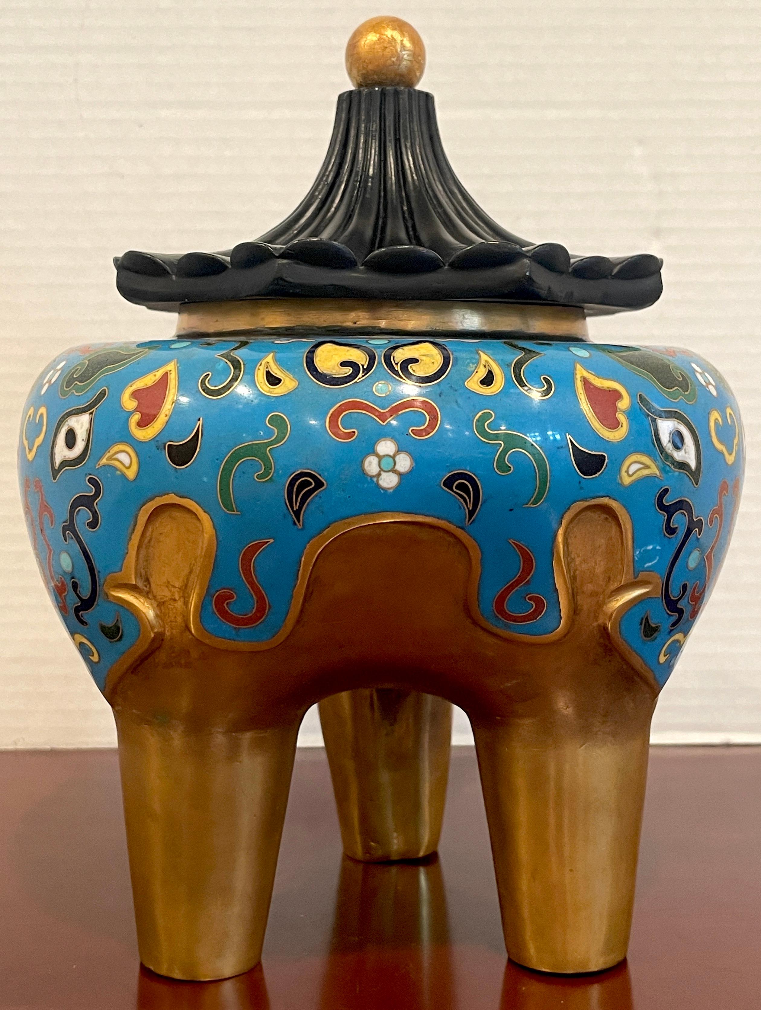 Bronze 19th Century Chinese Archaic Style Cloisonné & Lacquer Elephant Motif Censor For Sale