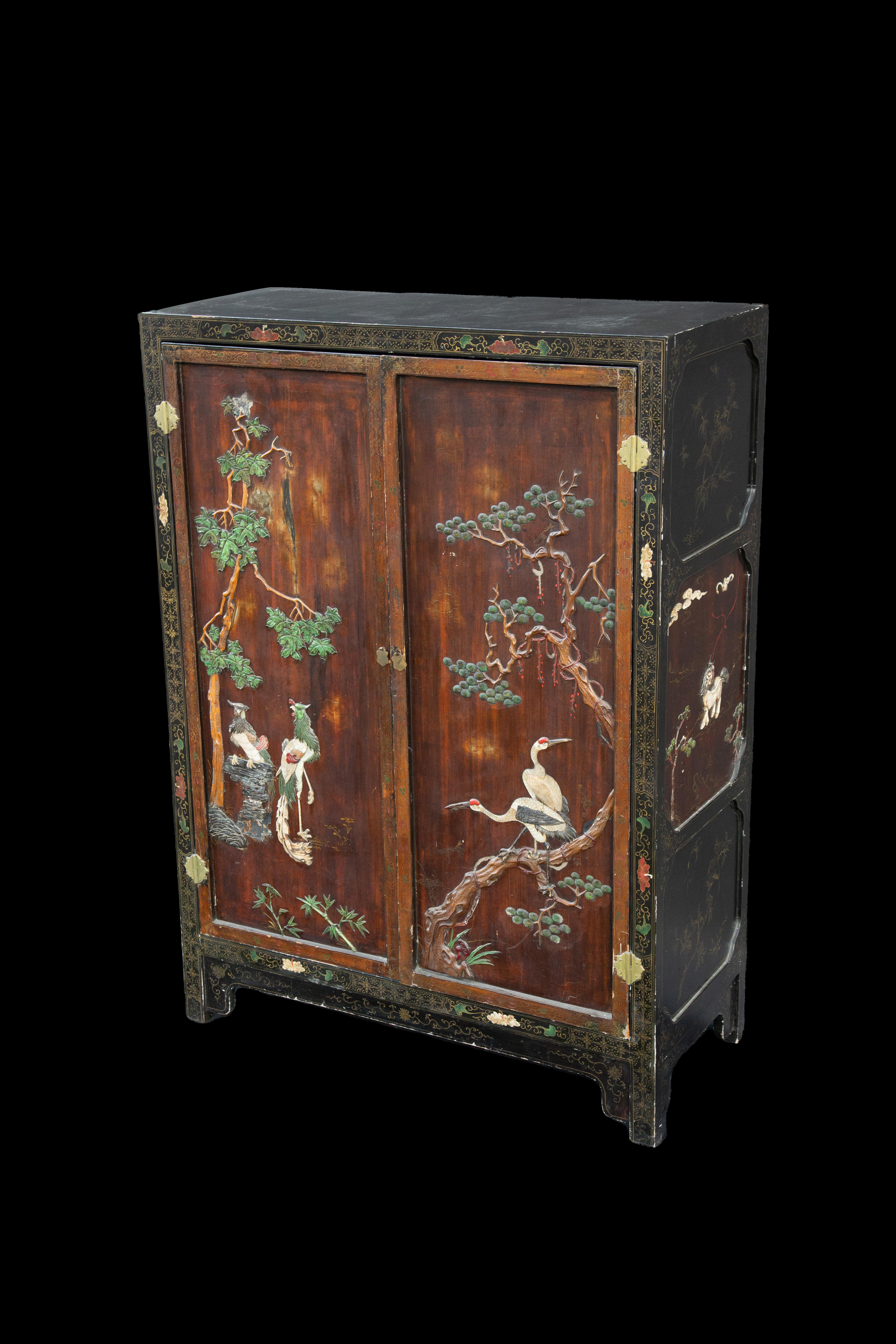 Chinese Export 19th Century Chinese Armoire Decorated with High Relief Flora and Fauna 57.75
