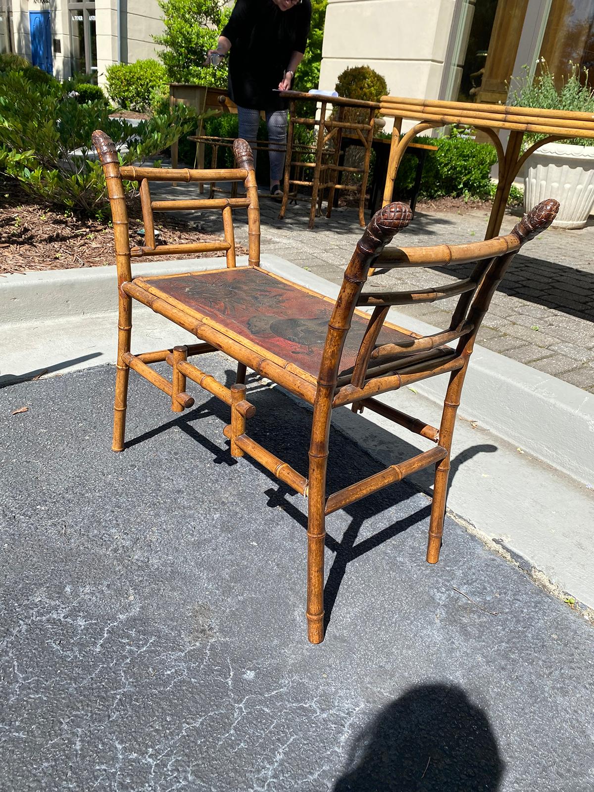 19th Century Chinese Bamboo Bench with Embossed Leather Seat In Good Condition In Atlanta, GA