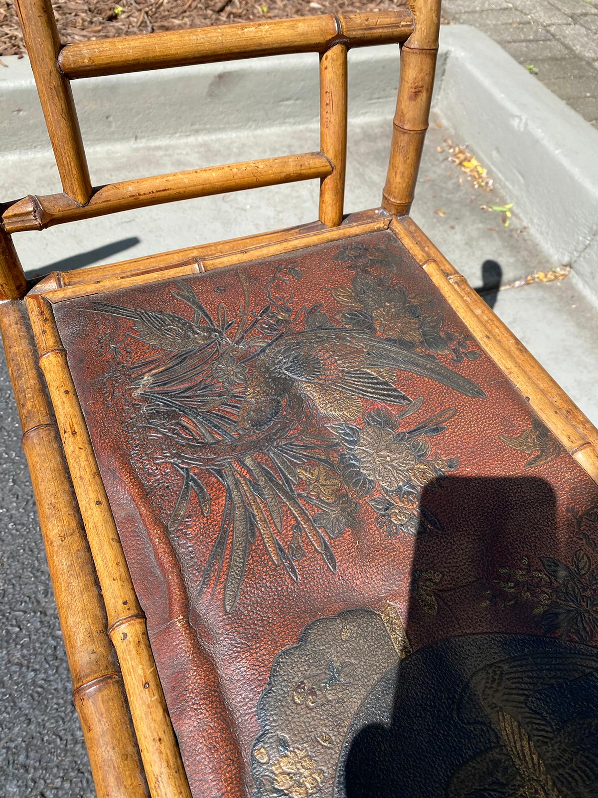 19th Century Chinese Bamboo Bench with Embossed Leather Seat 3