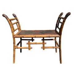 19th Century Chinese Bamboo Bench with Embossed Leather Seat