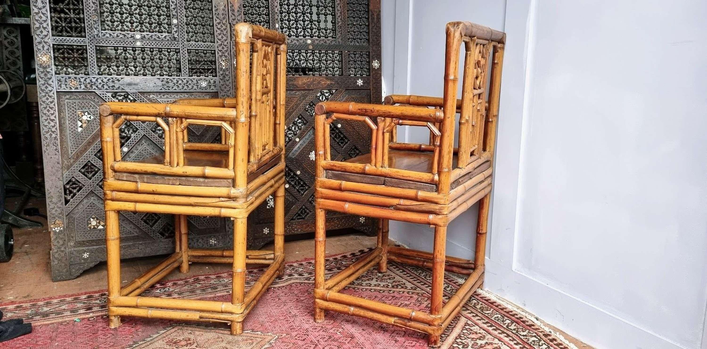 Hand-Crafted 19th century Chinese bamboo Brighton Pavilion chairs and side table For Sale