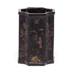 pot à pinceau chinois du 19ème siècle en laque noire et dorure