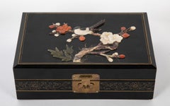 19th Century Chinese Black Lacquer and Hardstone Jewelry Box