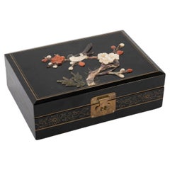 19th Century Chinese Black Lacquer and Hardstone Jewelry Box