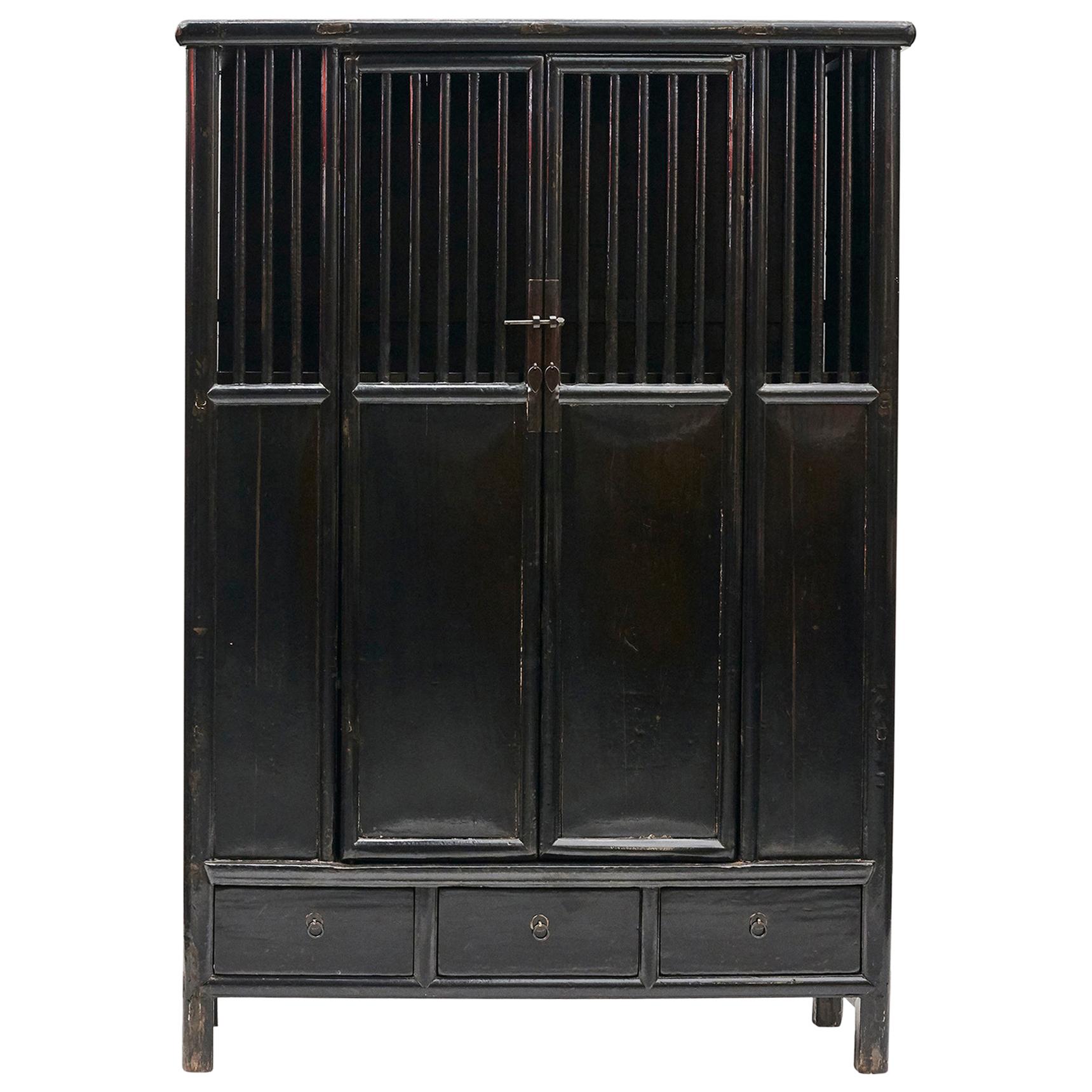 19th Century Chinese Black Lacquer Lattice Door Cabinet in Elm Wood