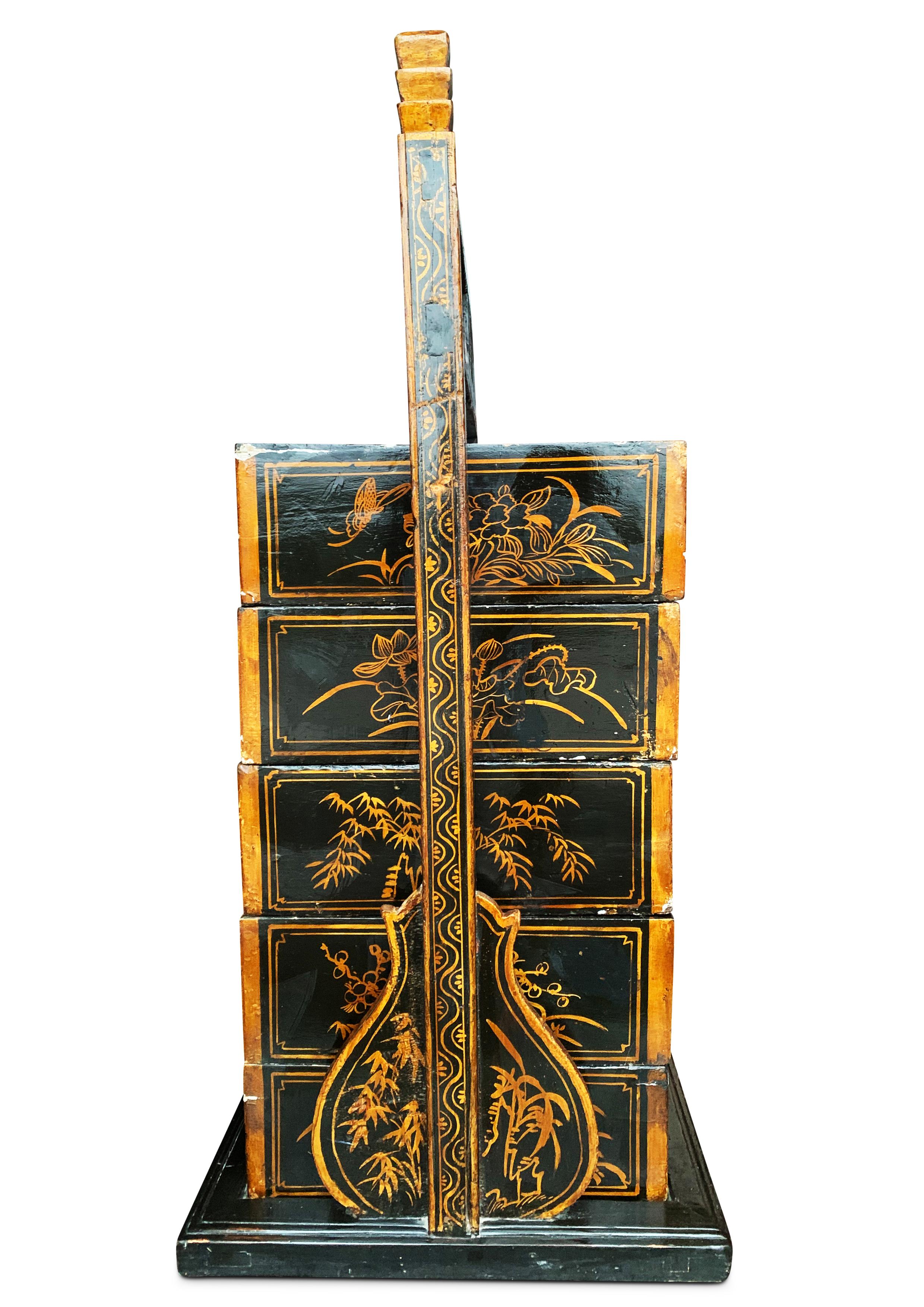 Hand-Crafted 19th Century Chinese Black Lacquered Five Section Stacking Chest For Sale