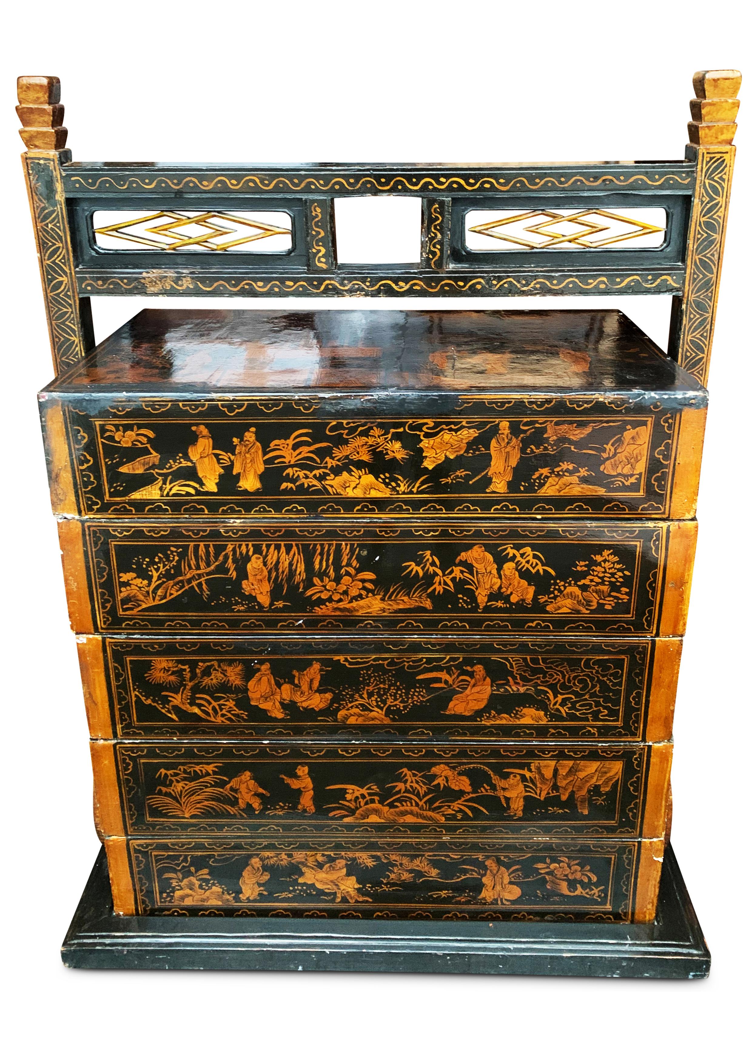 19th Century Chinese Black Lacquered Five Section Stacking Chest In Fair Condition For Sale In High Wycombe, GB
