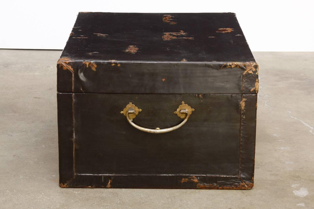 Chinese Export 19th Century Chinese Black Lacquered Pigskin Trunk For Sale