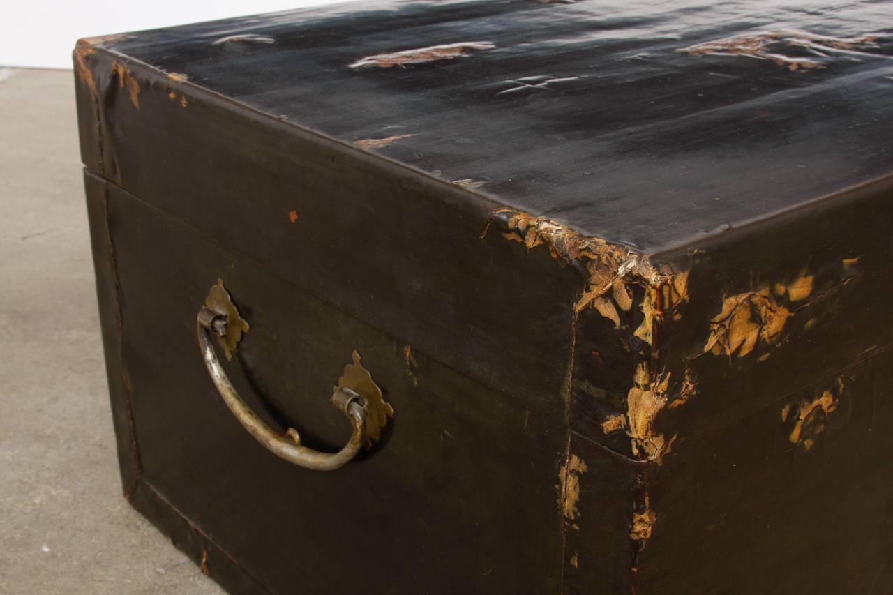 19th Century Chinese Black Lacquered Pigskin Trunk For Sale 1