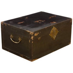 Antique 19th Century Chinese Black Lacquered Pigskin Trunk