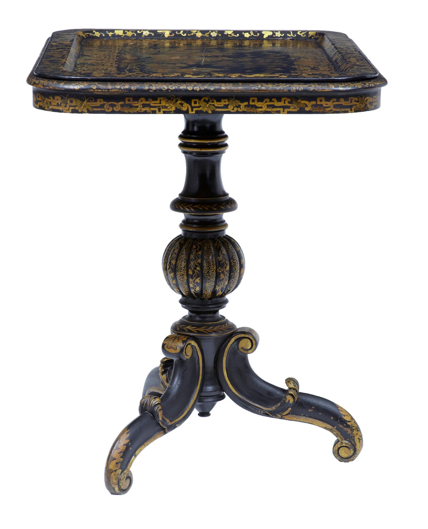 19th century Chinese black lacquered tray table circa 1880.

Fantastic quality tray on stand, profusely decorated with Chinese traditional scenes/foliage and butterflies.

Tray does have a split but in our opinion does not detract from the