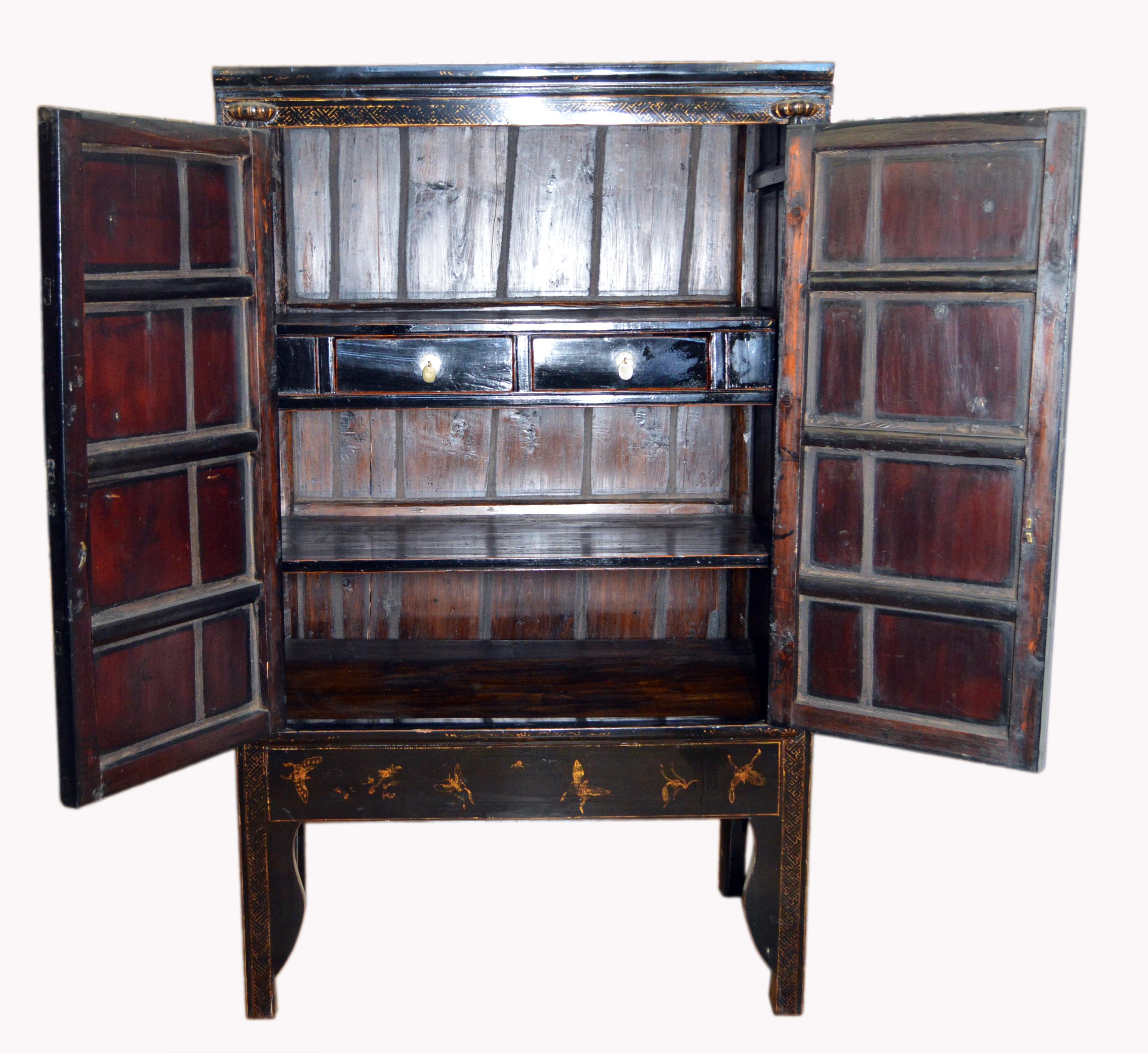 Wood 19th Century Chinese Black Lacquered Wedding Cabinet with Gilt Butterflies