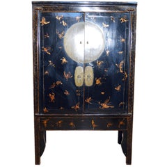 19th Century Chinese Black Lacquered Wedding Cabinet with Gilt Butterflies