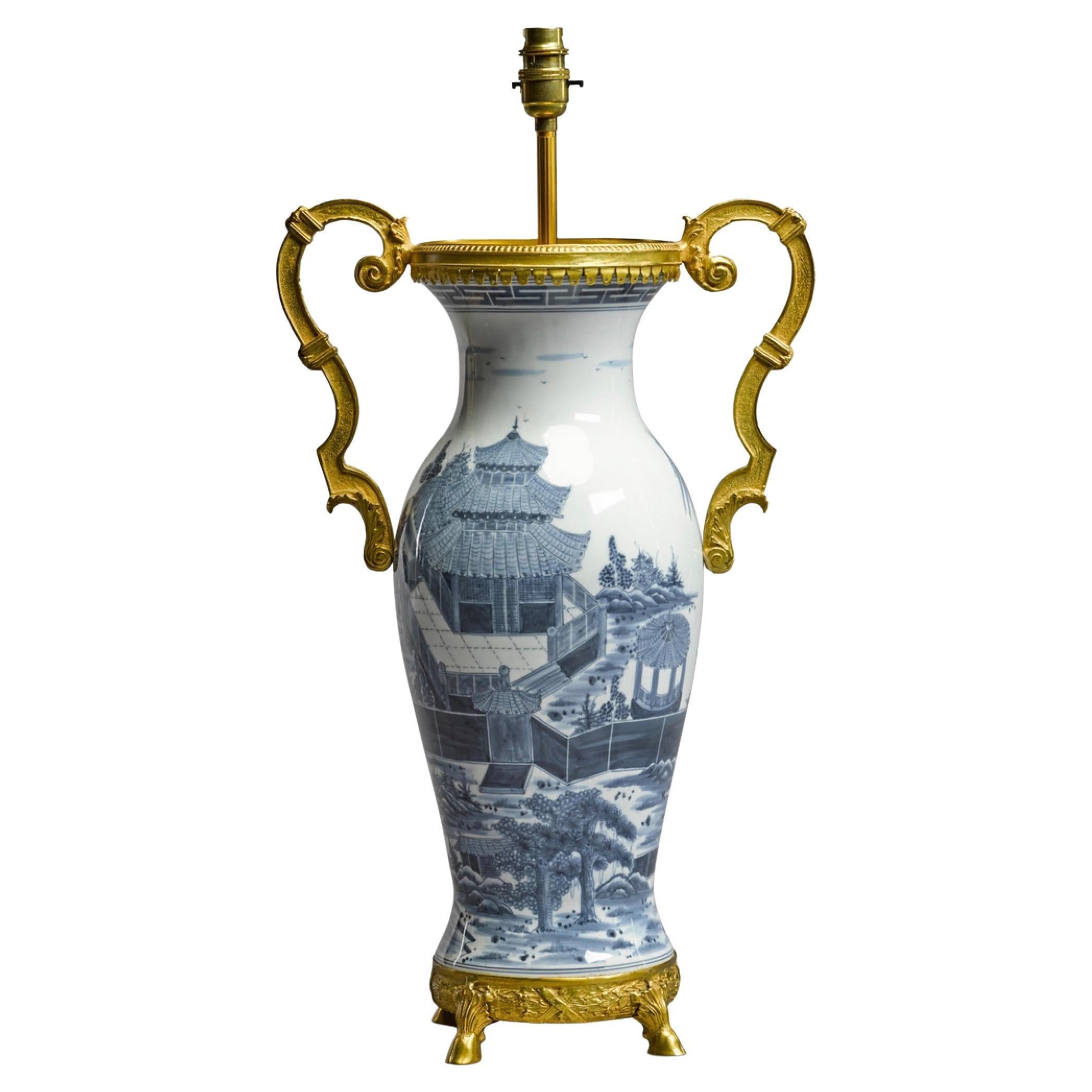 19th Century Chinese Blue and White Baluster Porcelain Antique Table Lamp For Sale