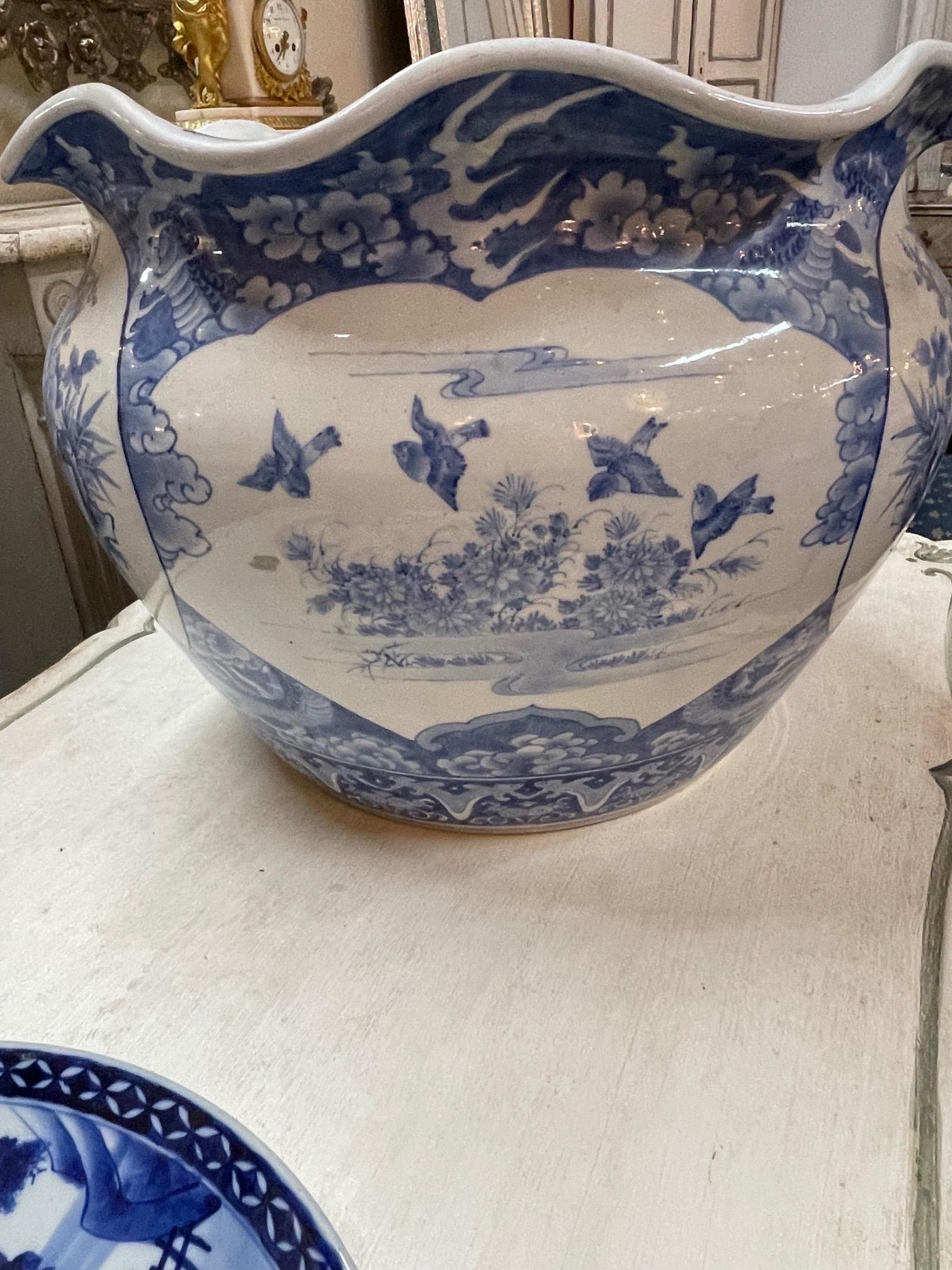 Pottery 19th Century Chinese Blue and White Cantonese Jardinere