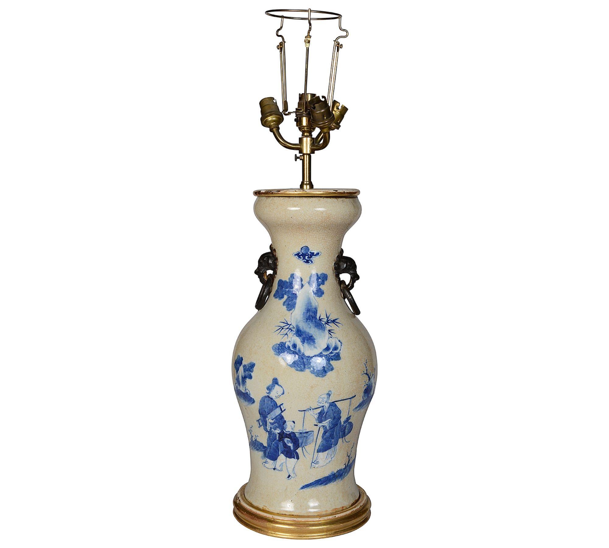 Porcelain 19th Century Chinese Blue and White crackle ware vase / lamp For Sale
