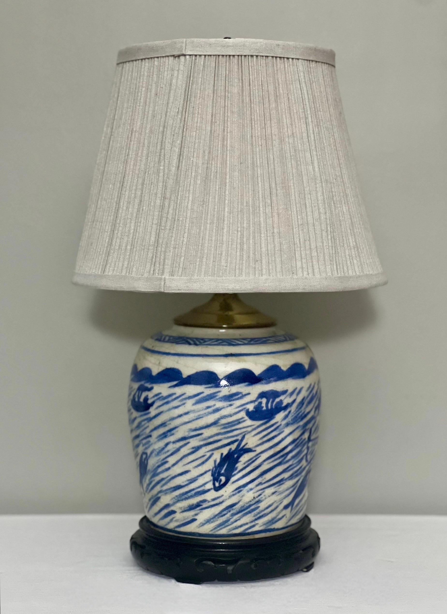 Hand-Painted 19th Century Chinese Blue and White Ginger Jar Lamp