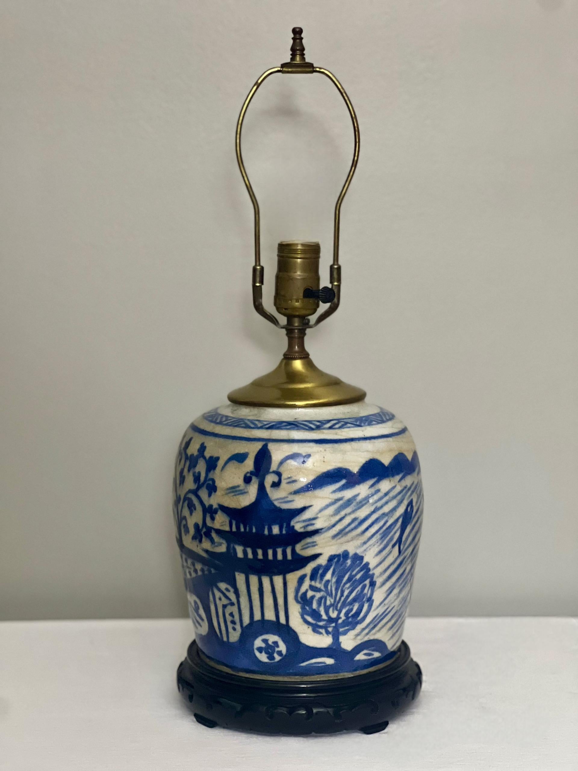 Porcelain 19th Century Chinese Blue and White Ginger Jar Lamp
