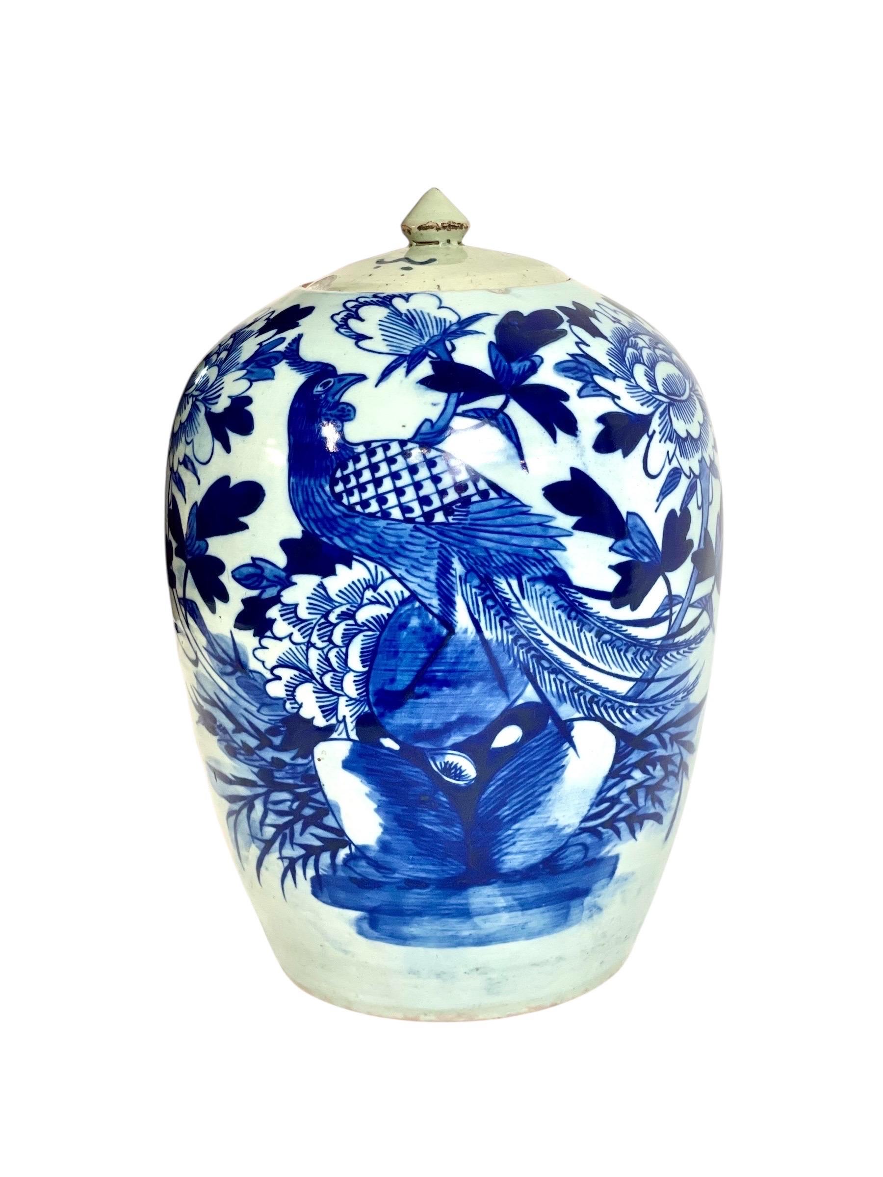 Jarra china de jengibre azul y blanca del siglo XIX con pavo real en venta 4
