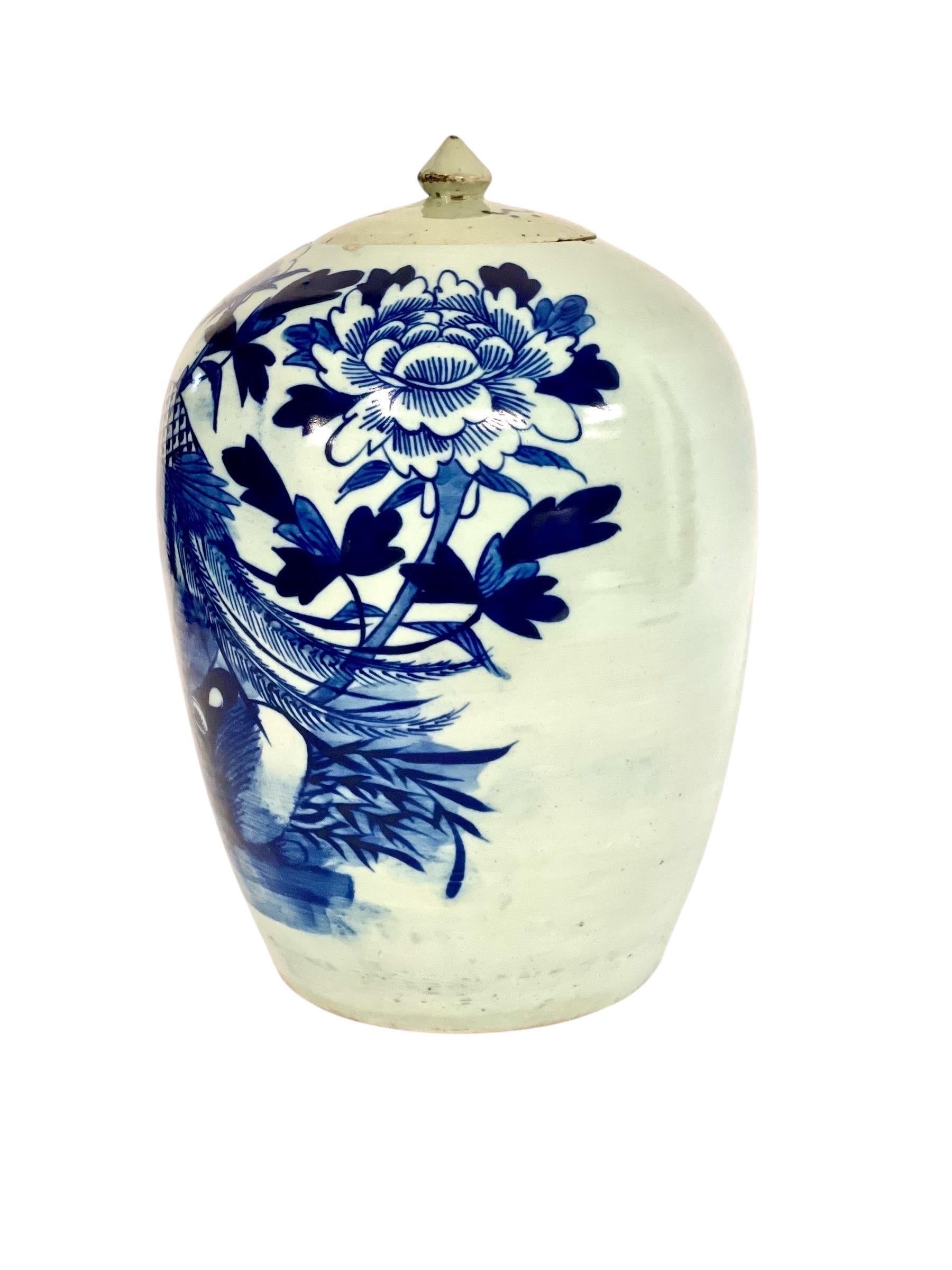 Jarra china de jengibre azul y blanca del siglo XIX con pavo real en venta 8