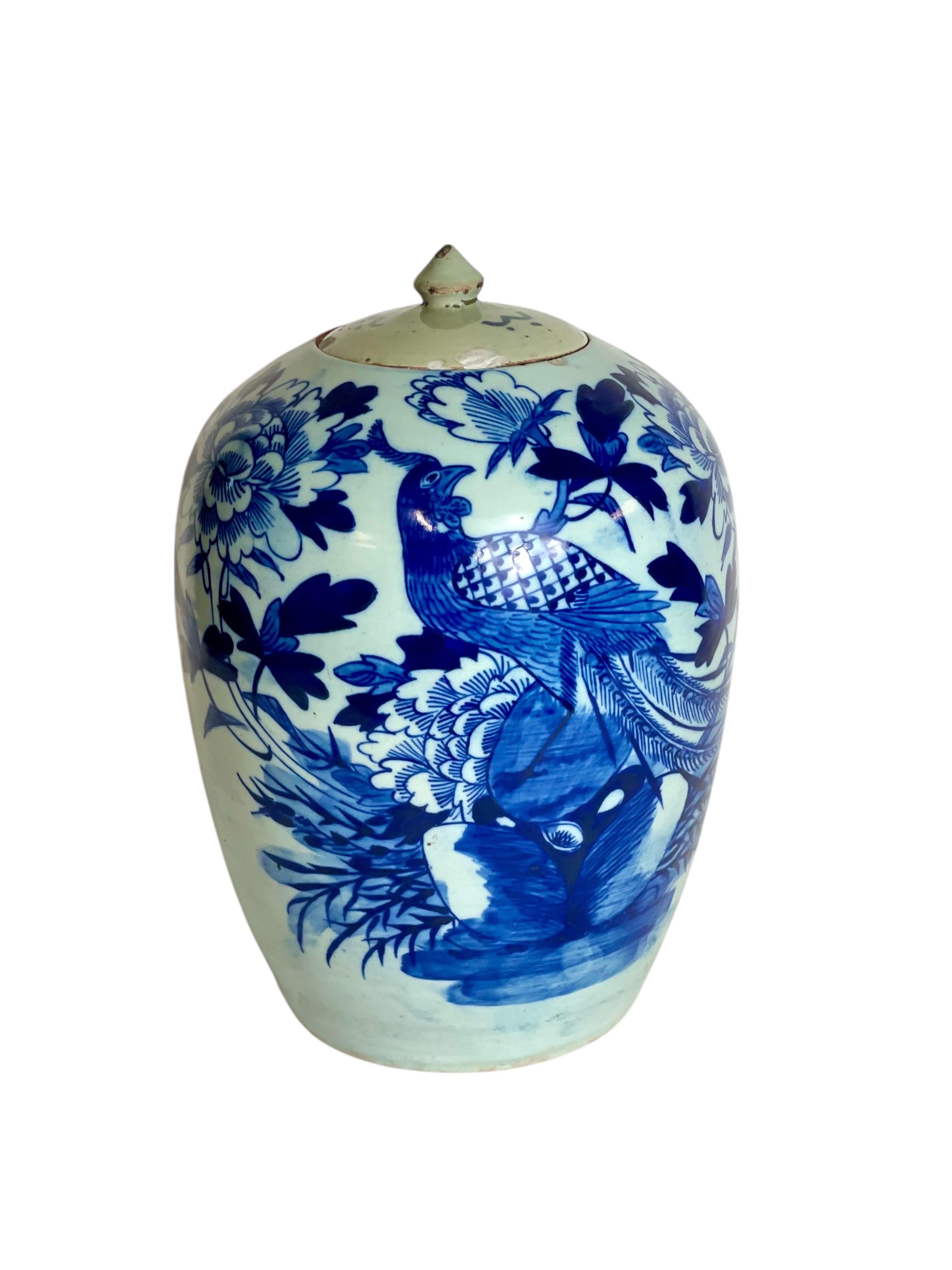 Jarra china de jengibre azul y blanca del siglo XIX con pavo real en venta 10