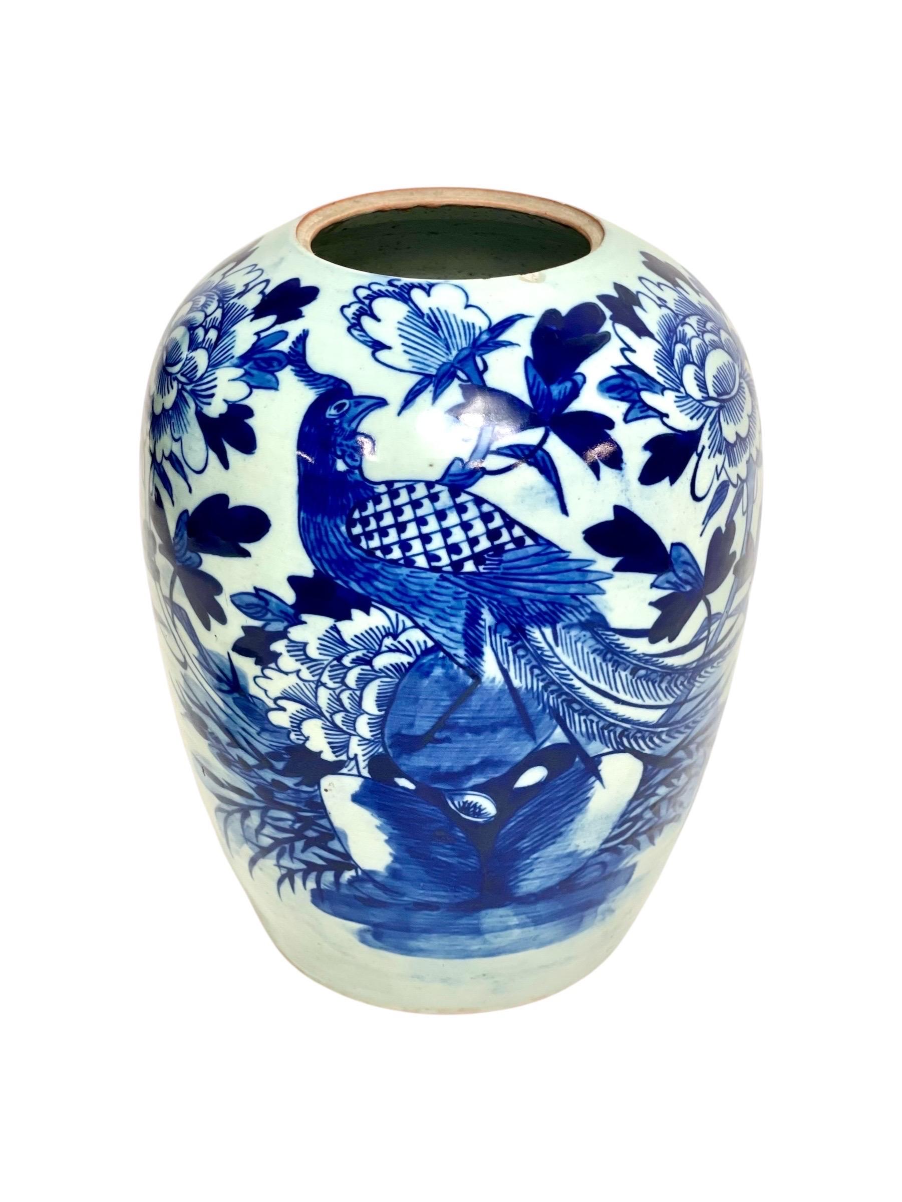 Elegante jarra de jengibre de porcelana china de mediados del siglo XIX, finamente pintada en azul cobalto bajo un suave vidriado celadón. Esta pieza, que data de la dinastía Qing, presenta una tapa ajustada con un remate puntiagudo y motivos azules