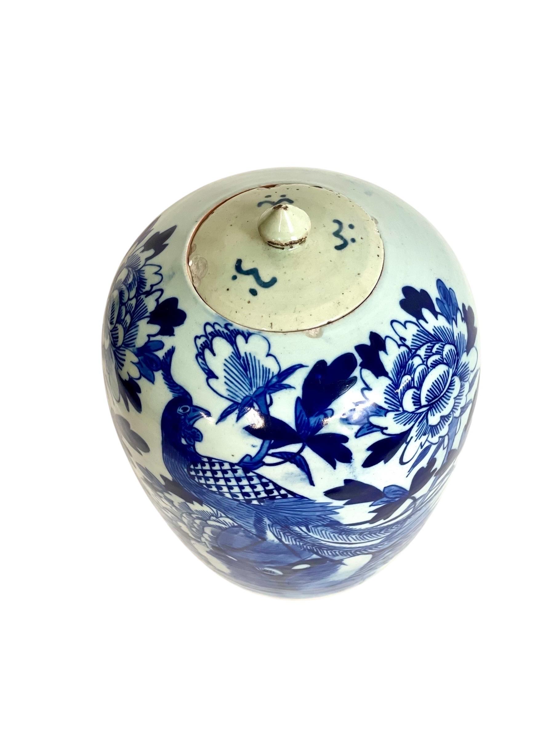 Jarra china de jengibre azul y blanca del siglo XIX con pavo real Esmaltado en venta