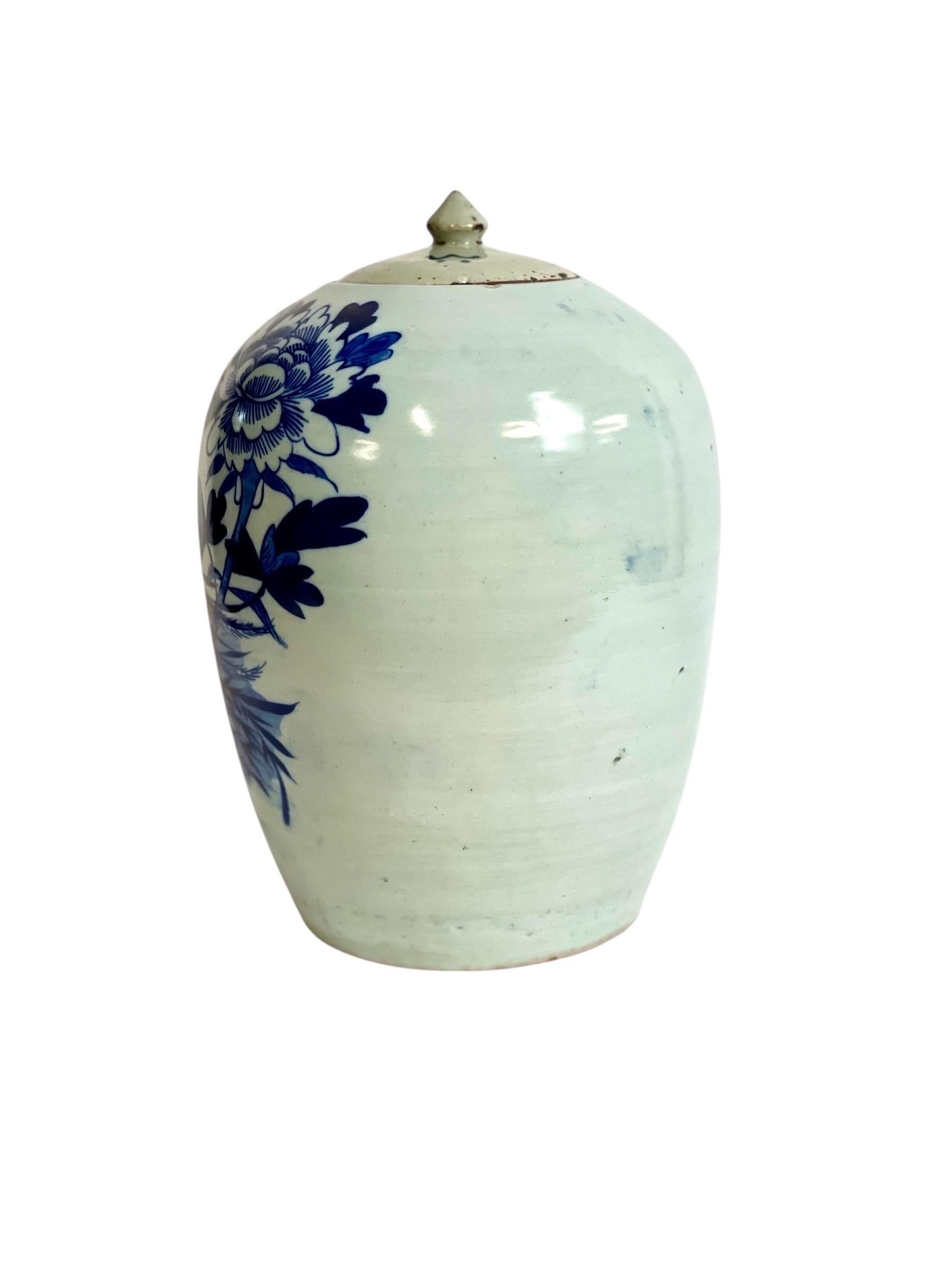 Jarra china de jengibre azul y blanca del siglo XIX con pavo real Esmalte en venta