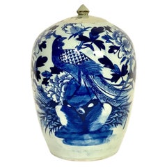 Jarra china de jengibre azul y blanca del siglo XIX con pavo real