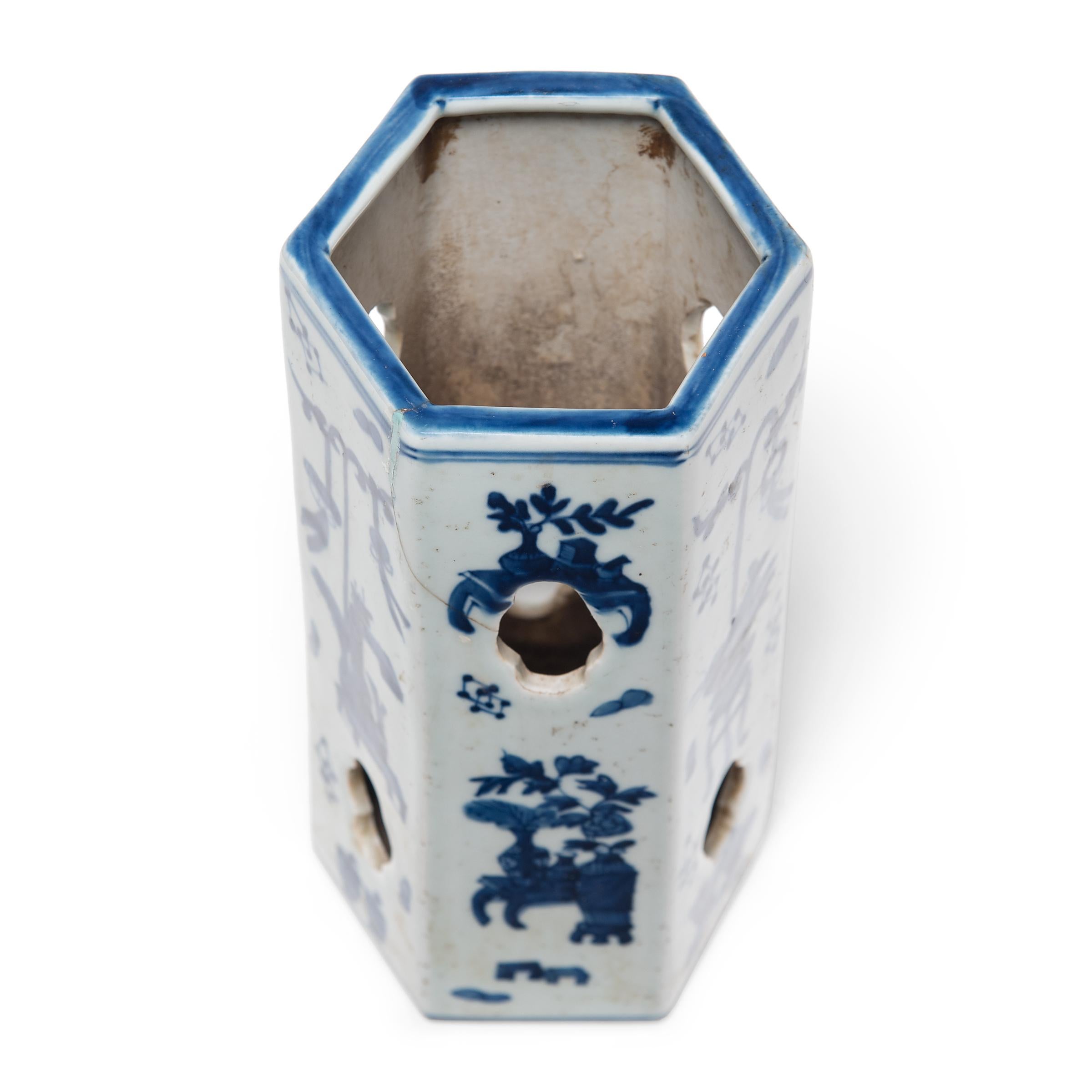 Glazed Chinese Blue and White Hat Stand with Treasured Objects, c. 1850 For Sale