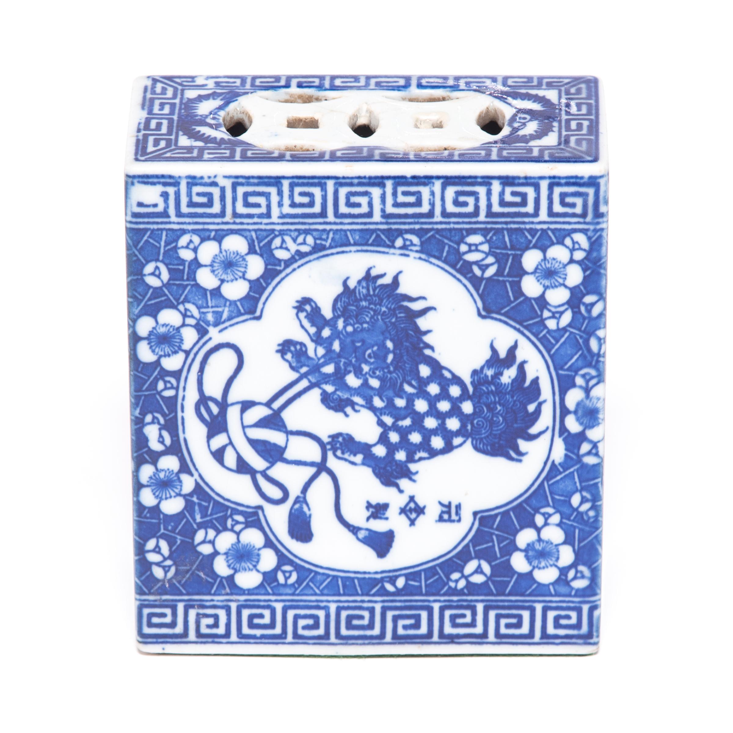 Qing 19th Century Chinese Blue and White Headrest with Guardian Lion