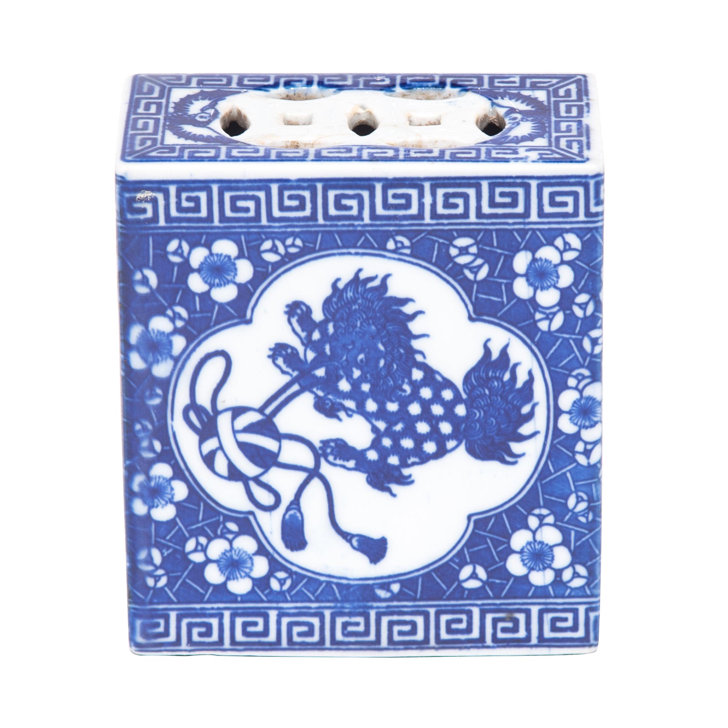 19th Century Chinese Blue and White Headrest with Guardian Lion