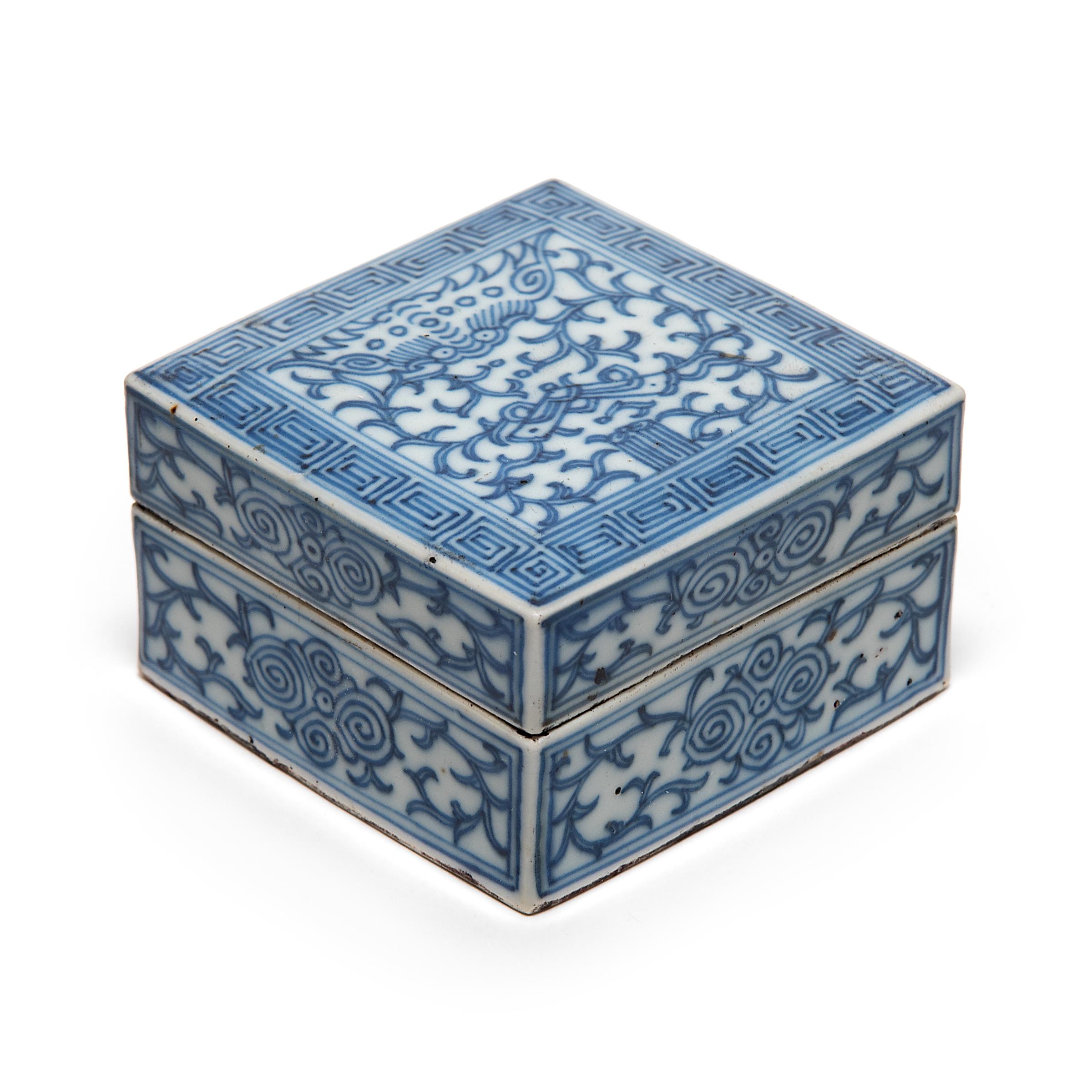 This petite blue and white porcelain box once contained the ink used by a Qing-dynasty scholar or official to mark his works with a personalized seal. The final addition to any official document or calligraphy painting, seal marks conveyed the