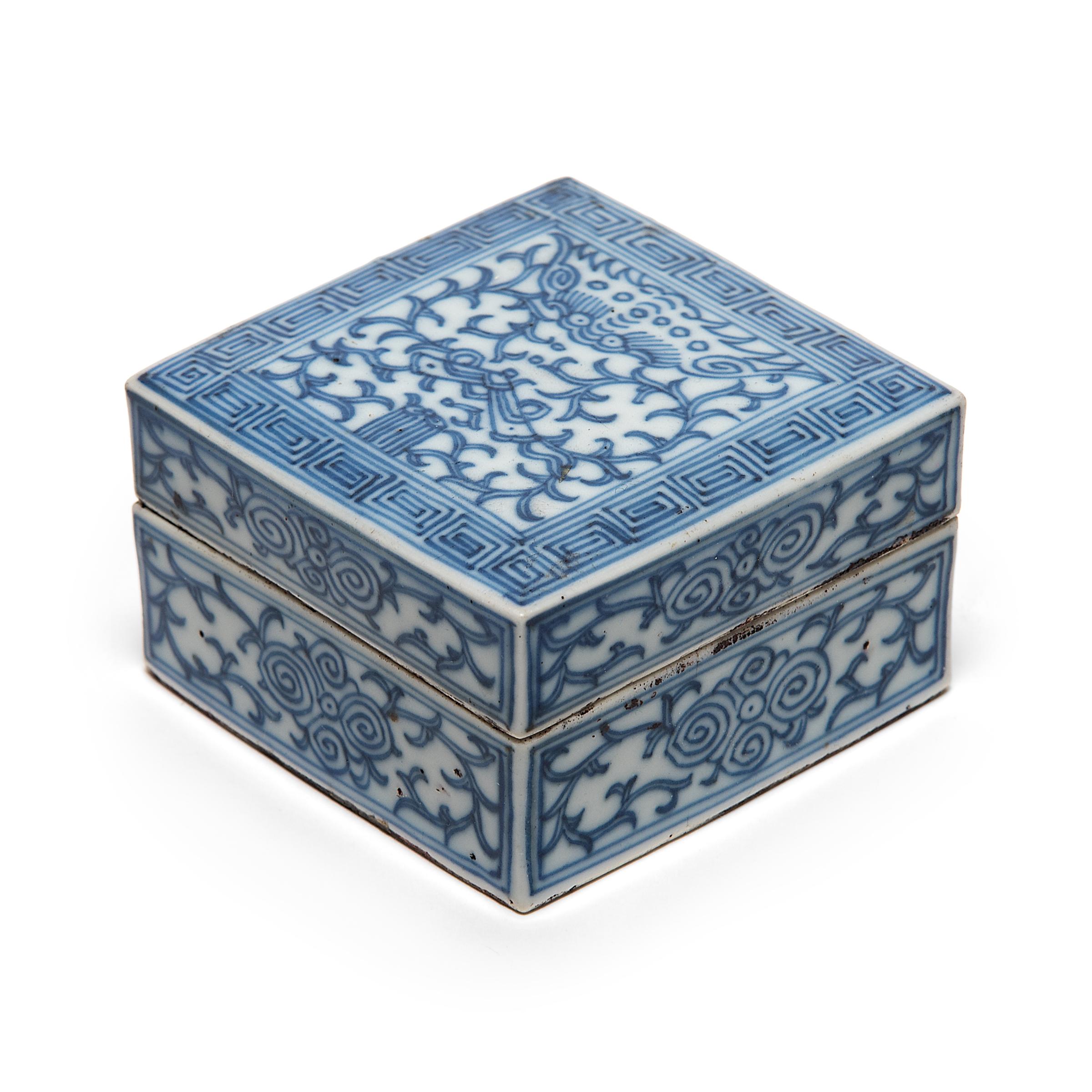 Glazed 19th Century Chinese Blue and White Ink Box