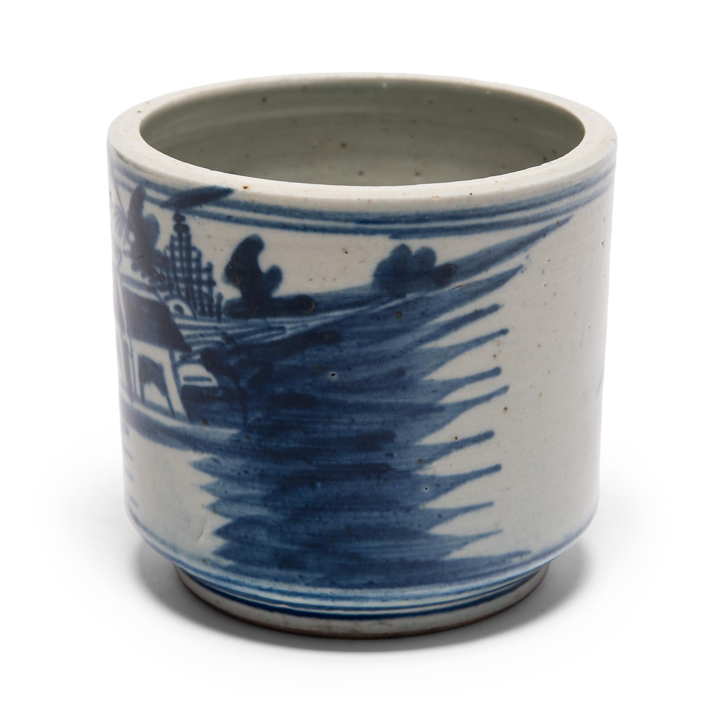 Glazed 19th Century Chinese Blue and White Landscape Brush Pot