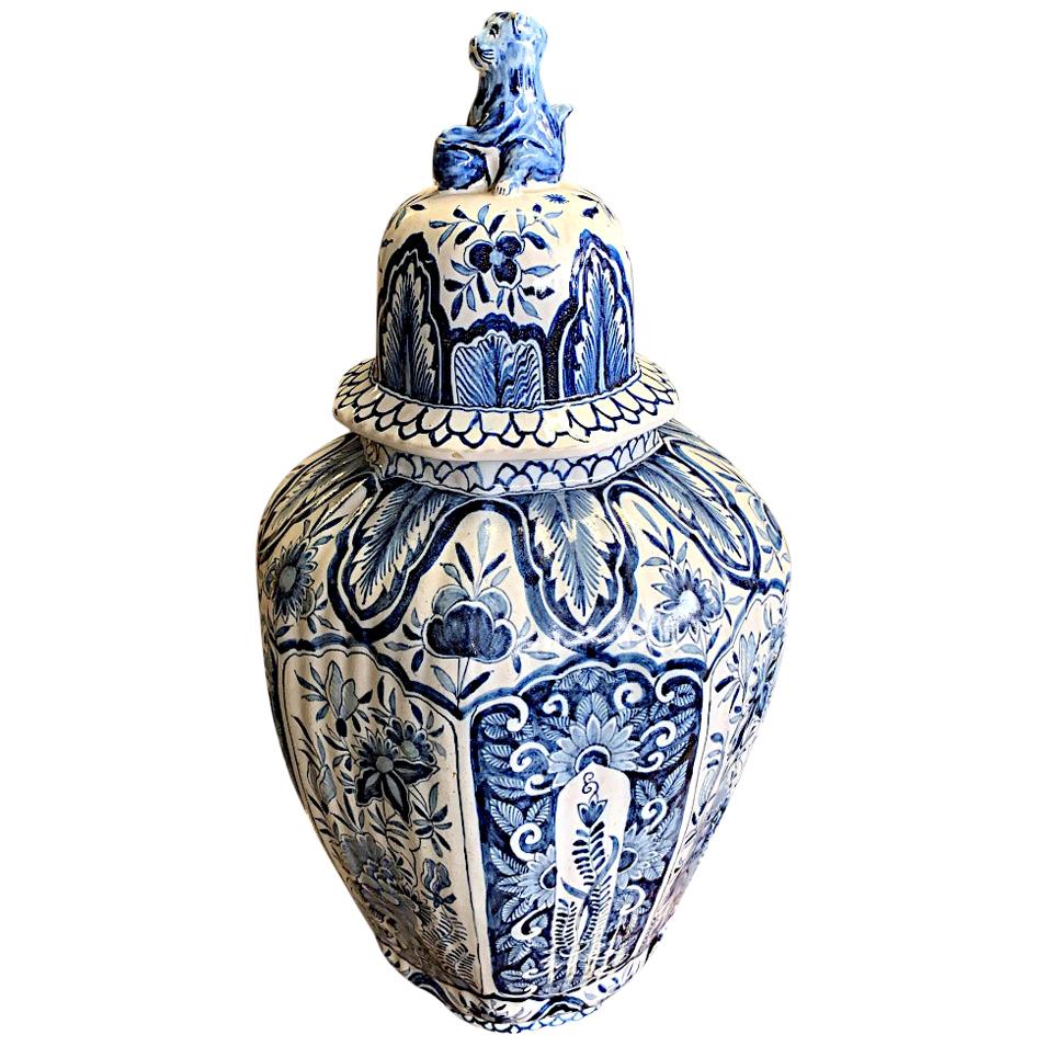 19th Century Delft Blue and White Lidded Vase