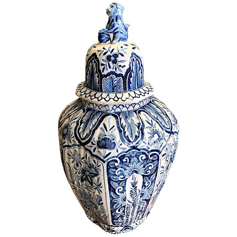 19th Century Delft Blue and White Lidded Vase at 1stDibs