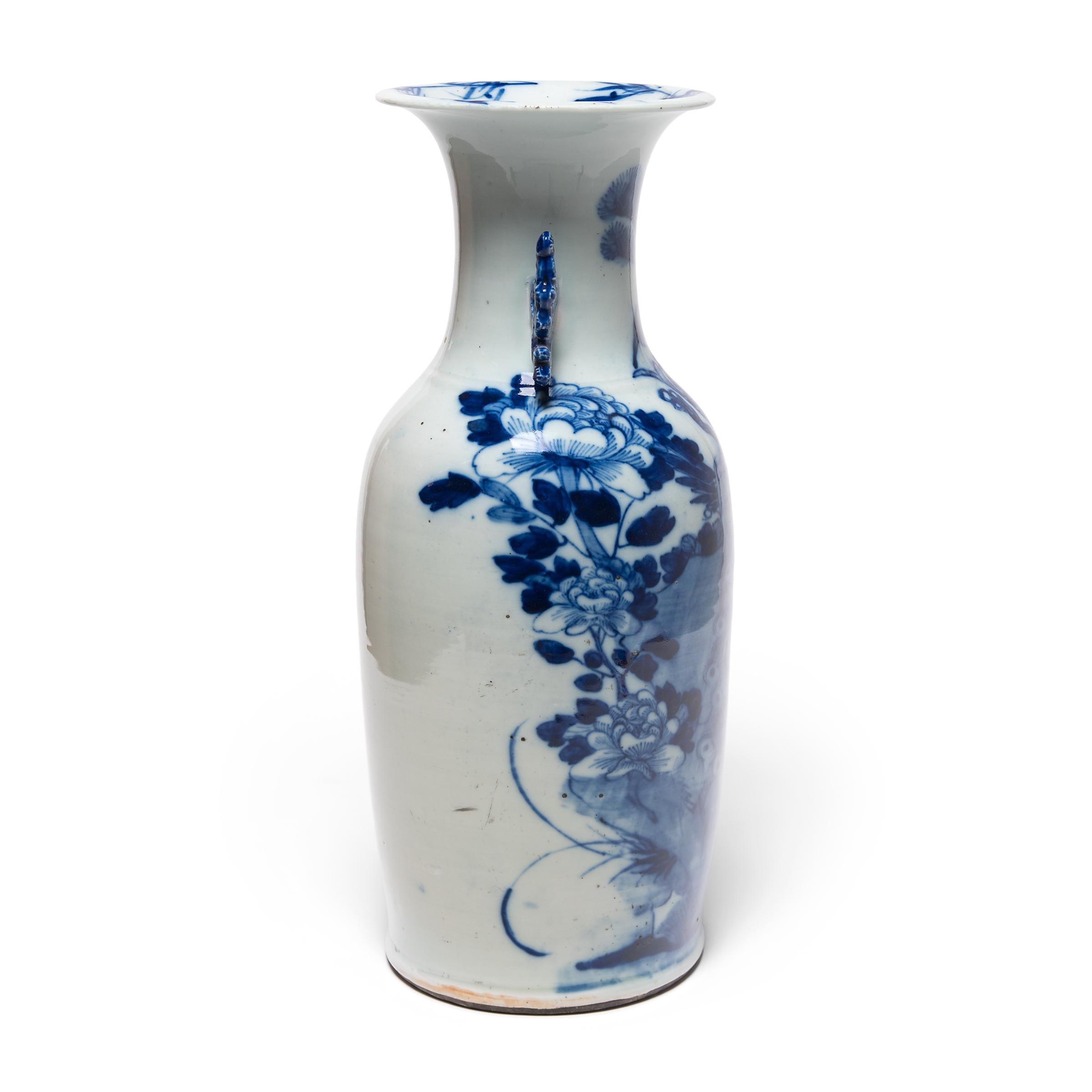 Qing 19th Century Chinese Blue and White Peacock Fantail Vase
