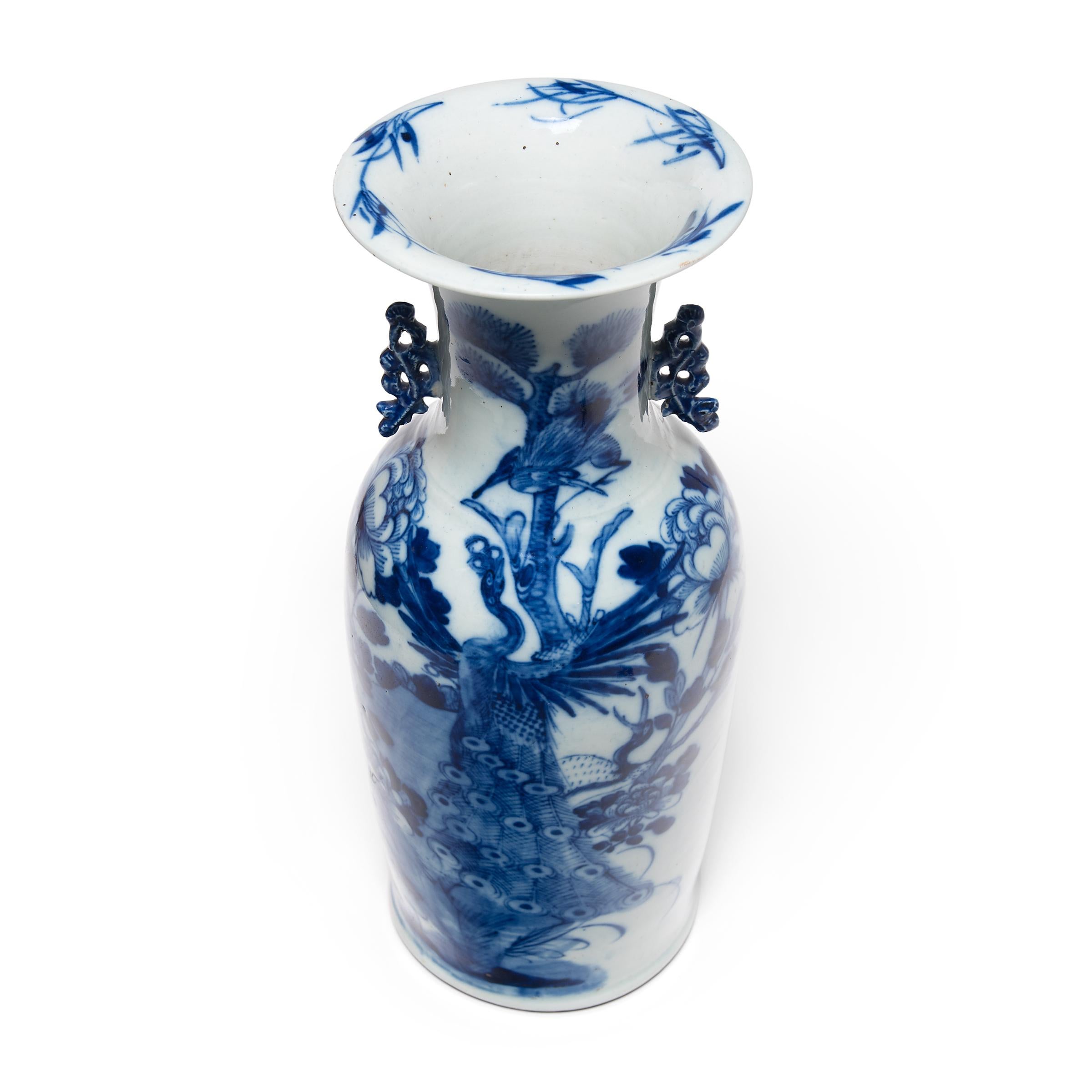 Glazed 19th Century Chinese Blue and White Peacock Fantail Vase