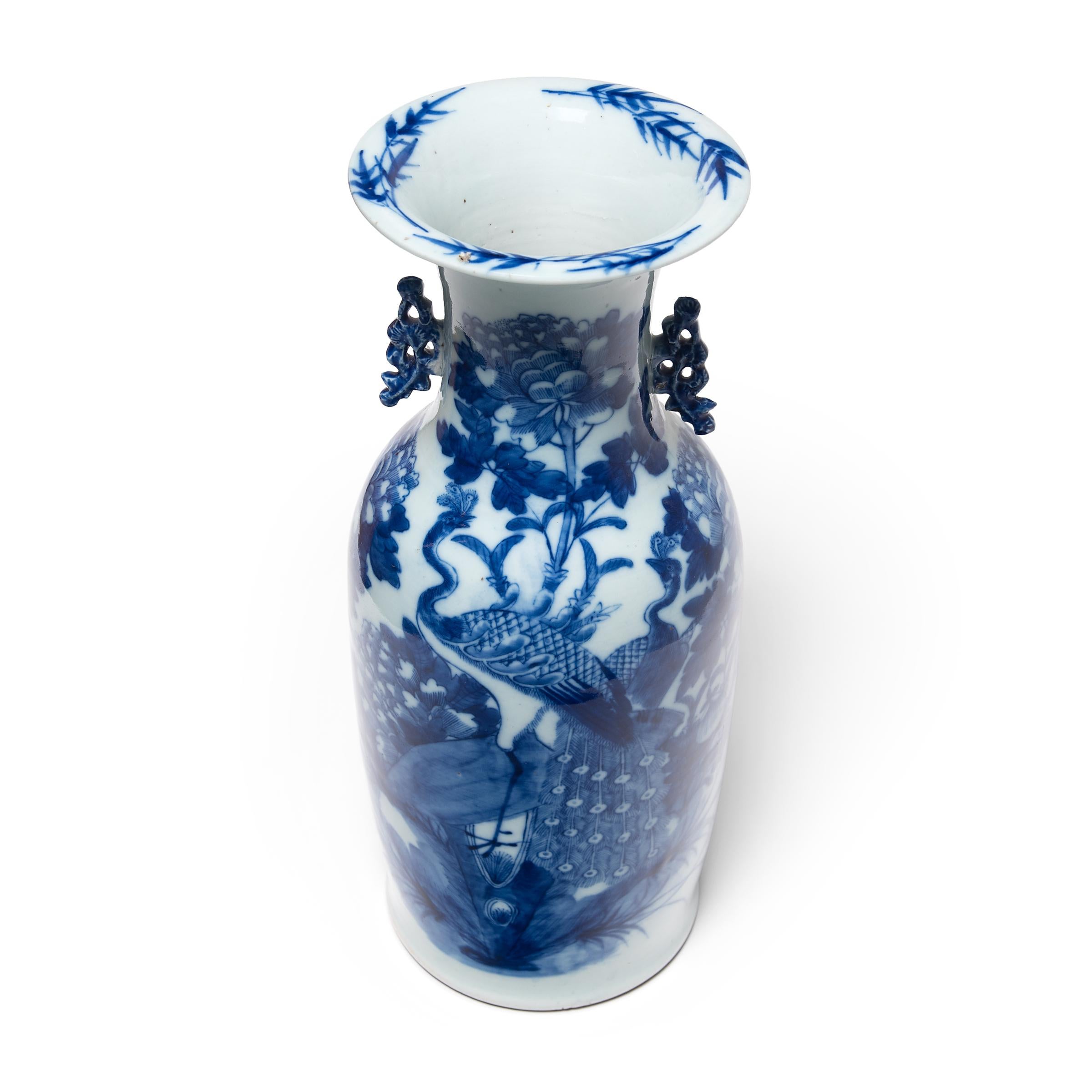 Qing 20th Century Chinese Blue and White Peacock Fantail Vase