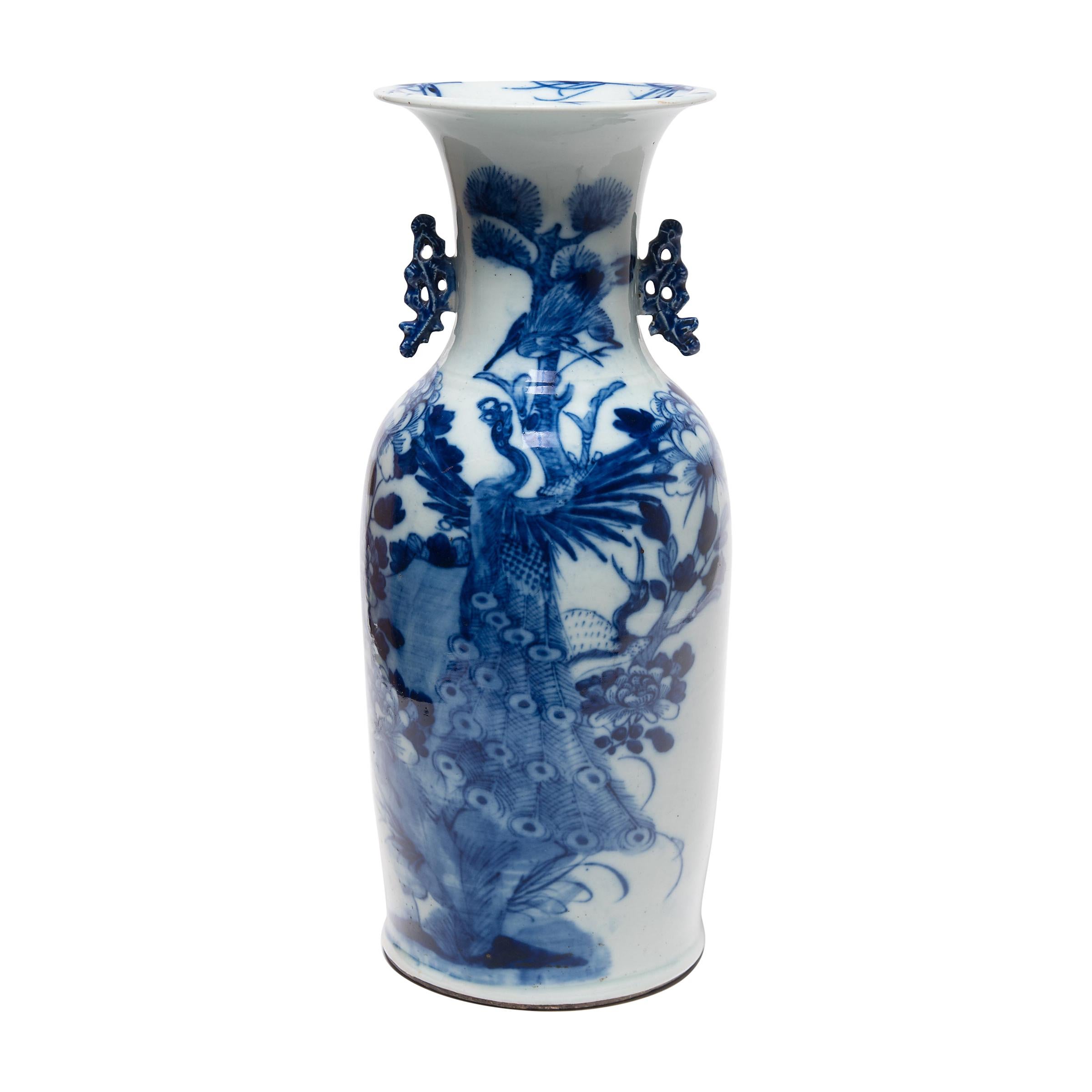 19th Century Chinese Blue and White Peacock Fantail Vase