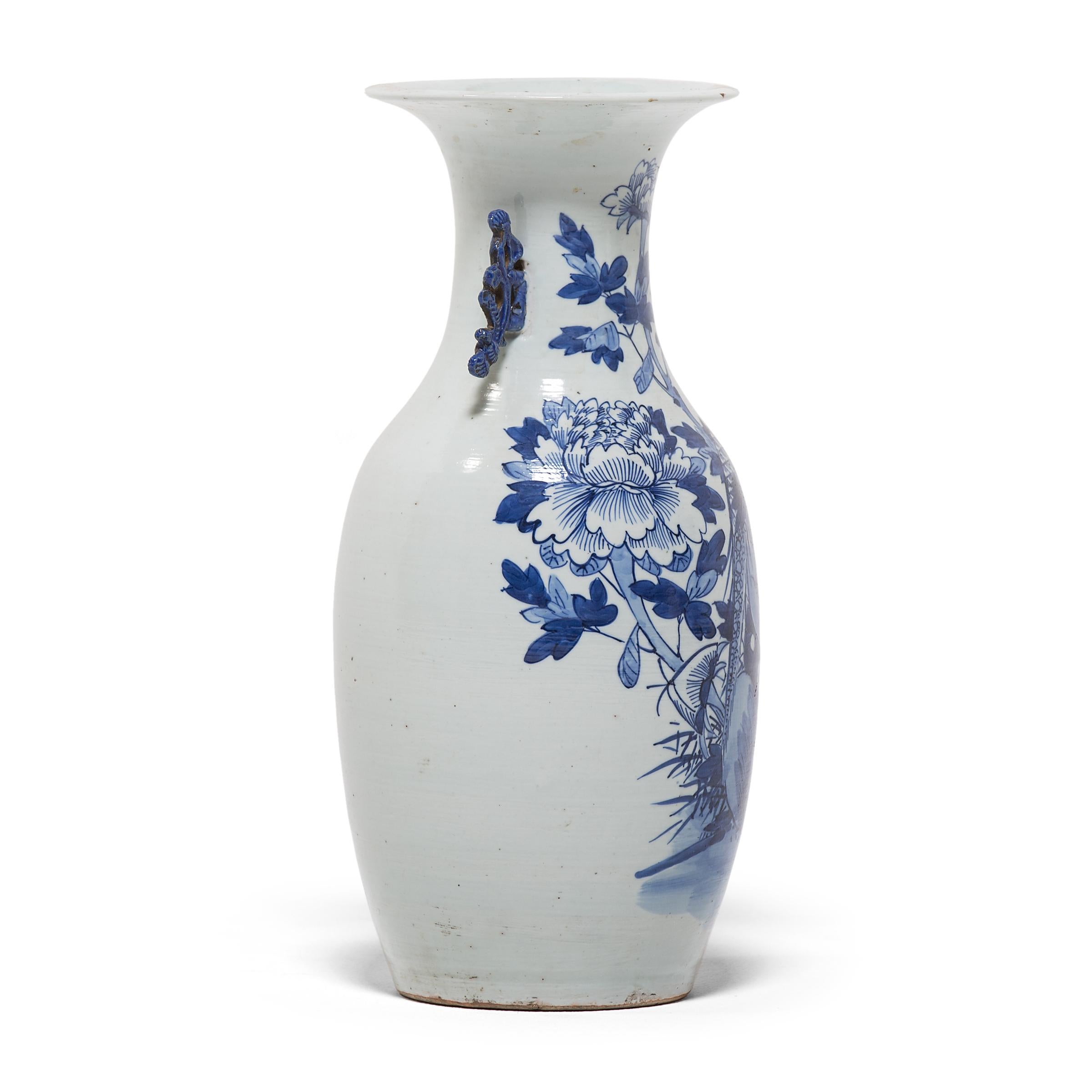 Glazed Chinese Blue and White Peony Fantail Vase, c. 1850