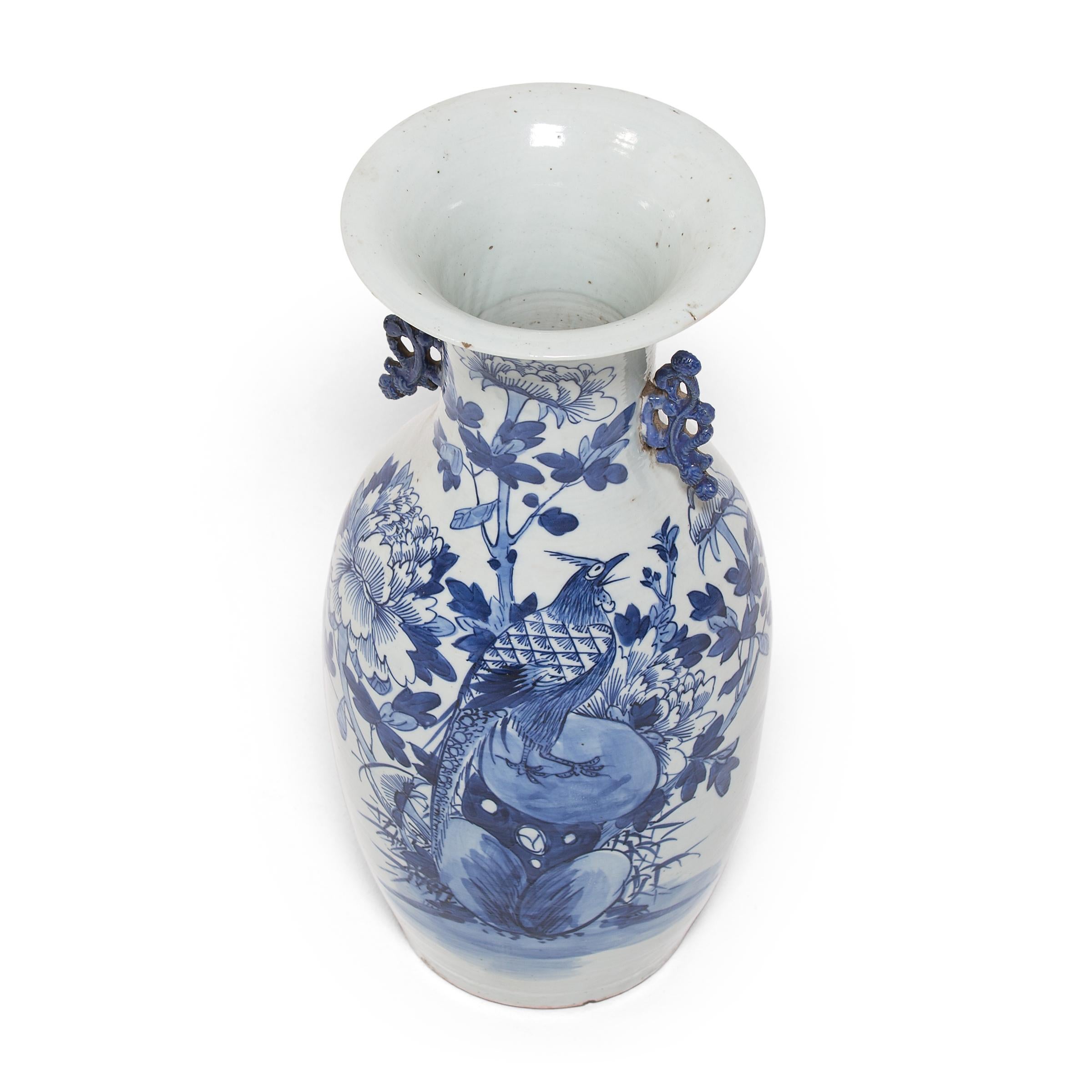 Chinese Blue and White Peony Fantail Vase, c. 1850 In Good Condition In Chicago, IL