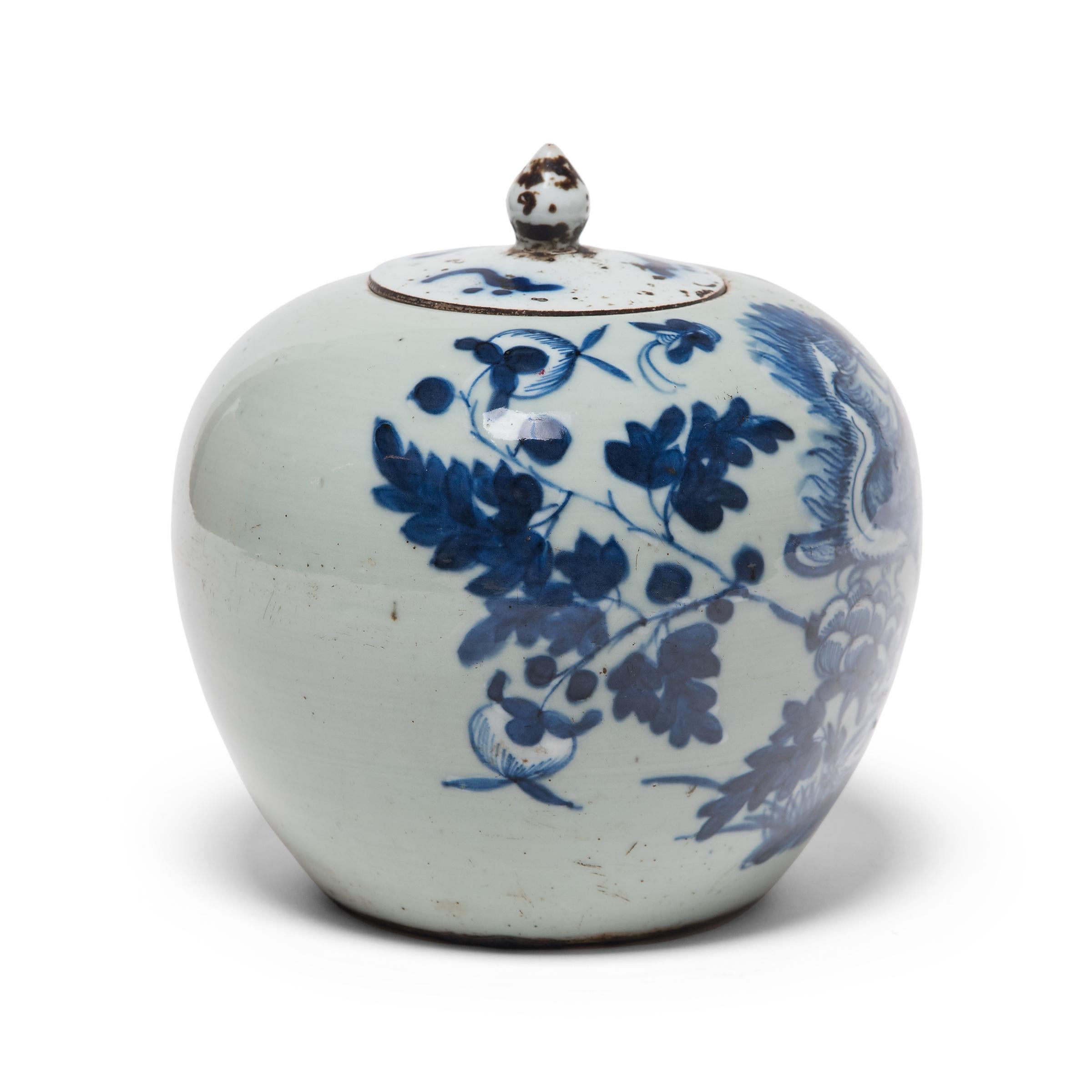 Glazed 19th Century Chinese Blue and White Peony Jar