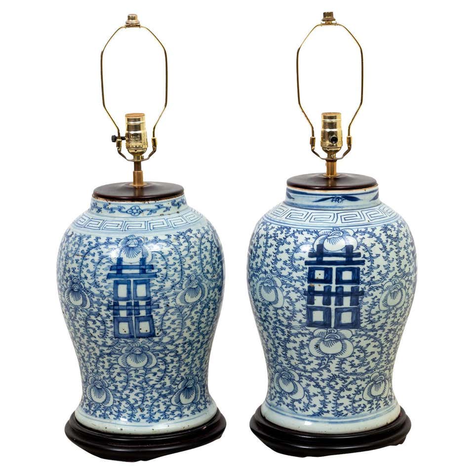 19th Century Chinese Blue and White Porcelain Ginger Jar Lamps at 1stDibs
