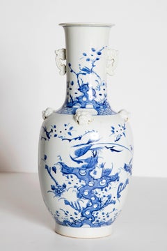 19th Century Chinese Blue and White Qing Period Vase with Foo Dog Heads