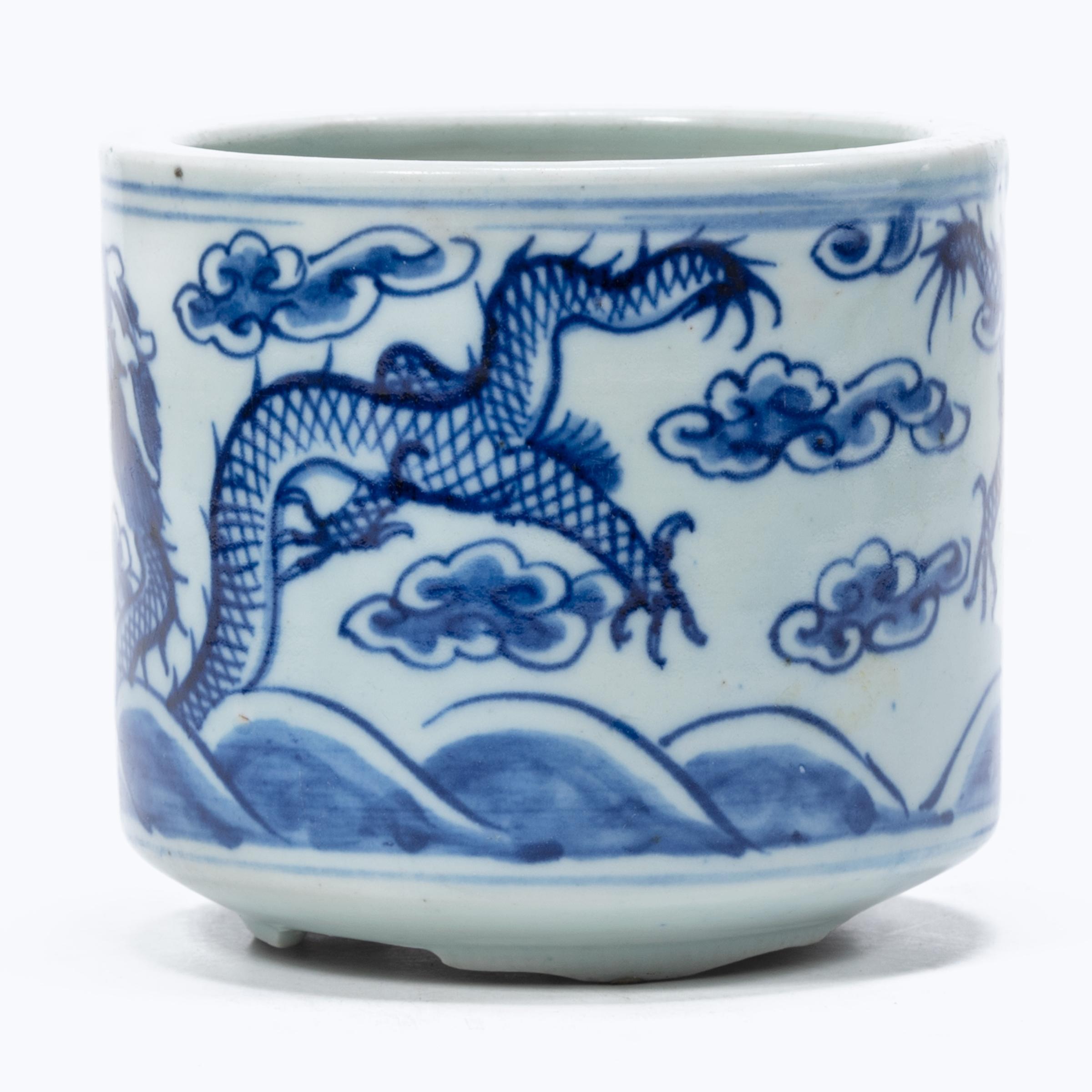 Qing 19th Century Chinese Blue and White Twin Dragon Censer