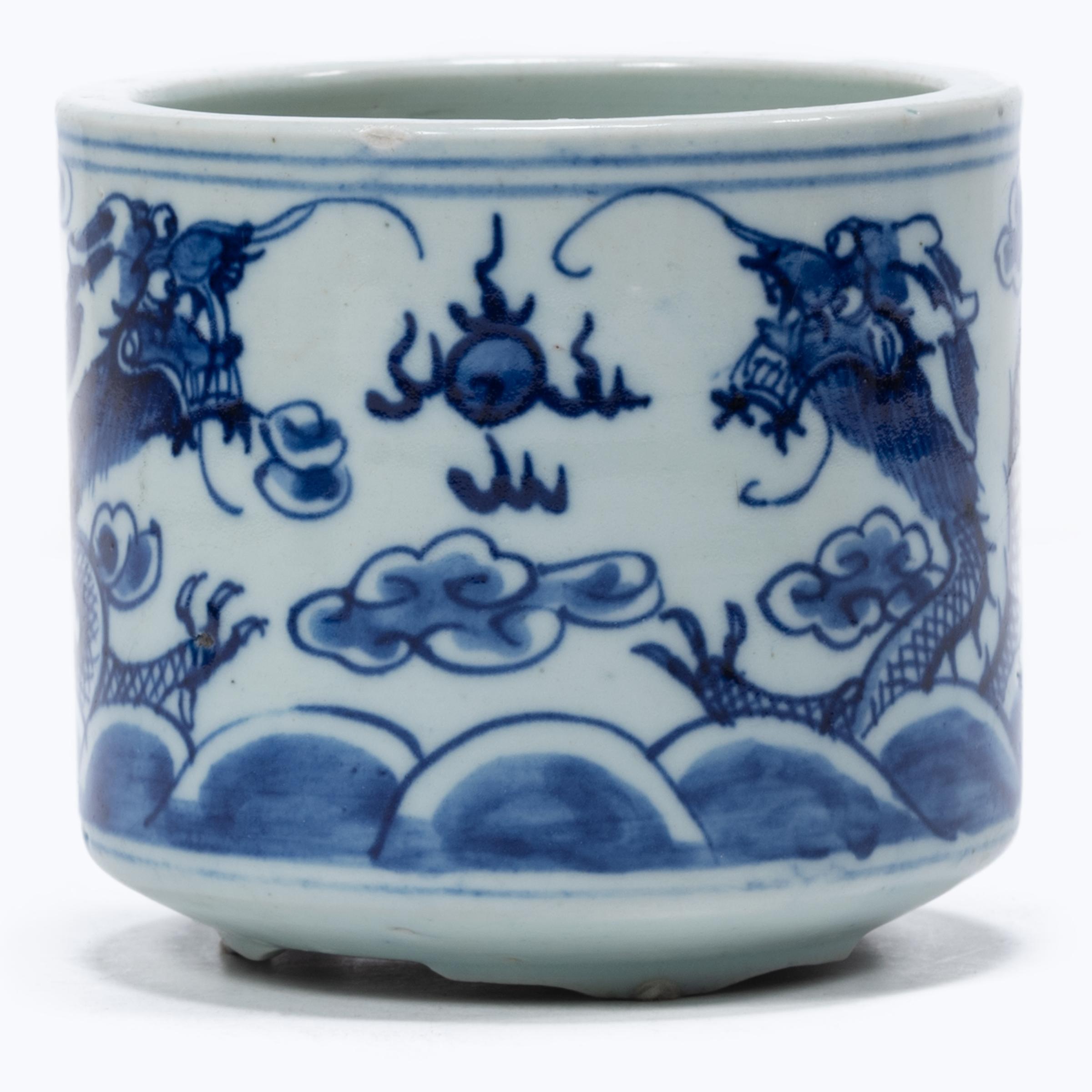 Glazed 19th Century Chinese Blue and White Twin Dragon Censer