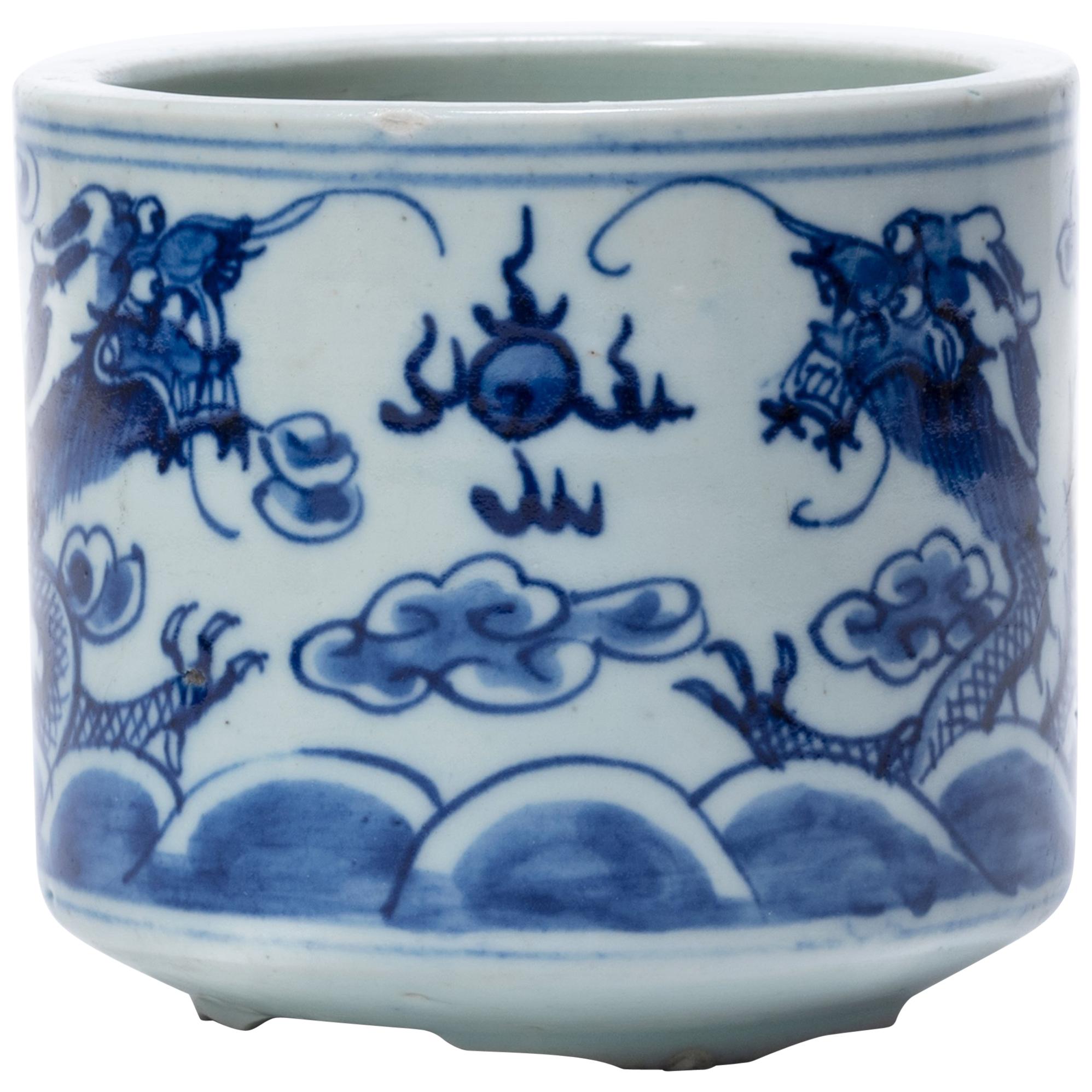 19th Century Chinese Blue and White Twin Dragon Censer